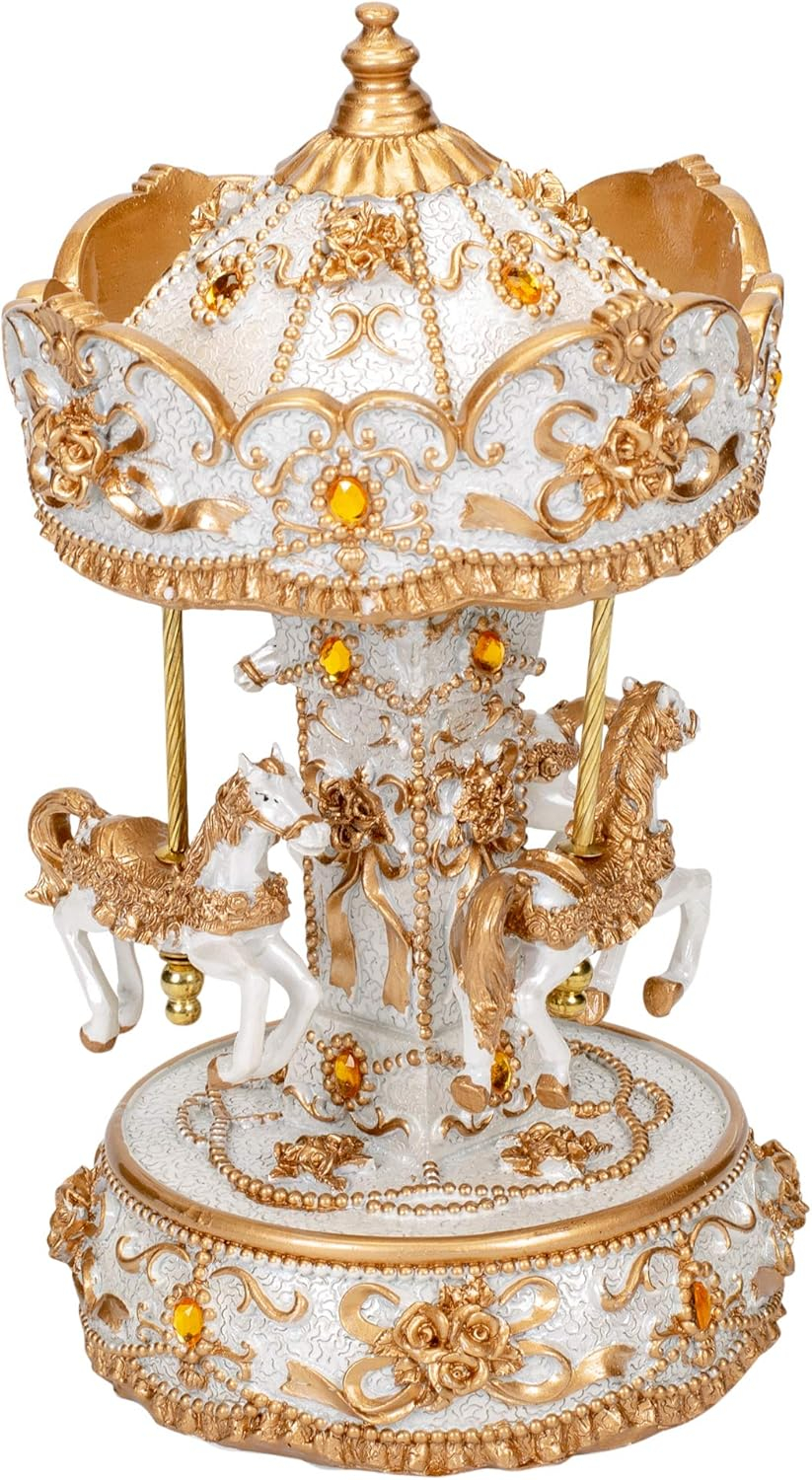 Gilded Gold Tone Horses Musical Carousel 10 inch Rotating Figurine Plays Tune Carousel Waltz