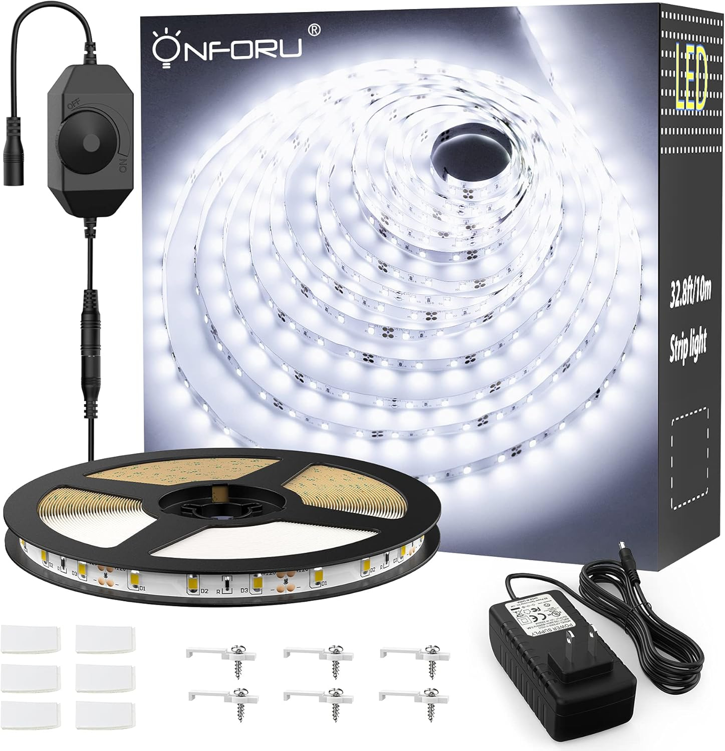 Onforu White LED Strip Lights, 32.8FT 6000K Super Bright Dimmable Tape Light Kit, 600 LEDs Daylight Easter Rope Light, 12V Flexible Strip Lighting for Mirror, Under Cabinet, Home, Bedroom