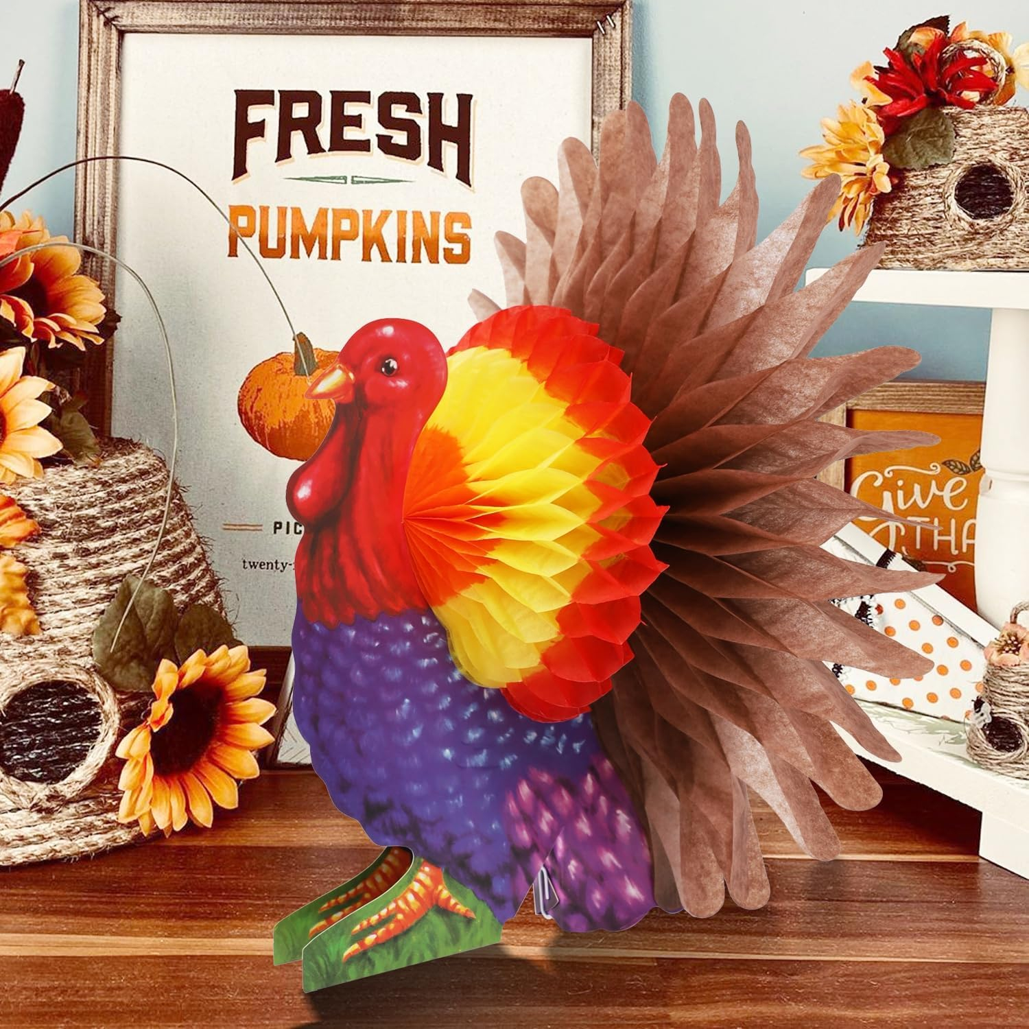 FORUP Thanksgiving Tissue Turkey Decorations - Turkey Pumpkin Centerpiece with Artificial Maple Leaves for Harvest Party Table Accessories