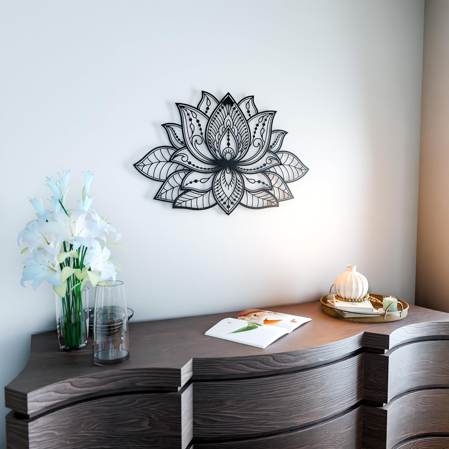 iwa concept Mandala Metal Wall Decor, Lotus Flower Meditation Room Decor, Minimalist Zen Garden Bohemian Gift for New Year (26.3" x 17" | 67 x 43 cm, Black)