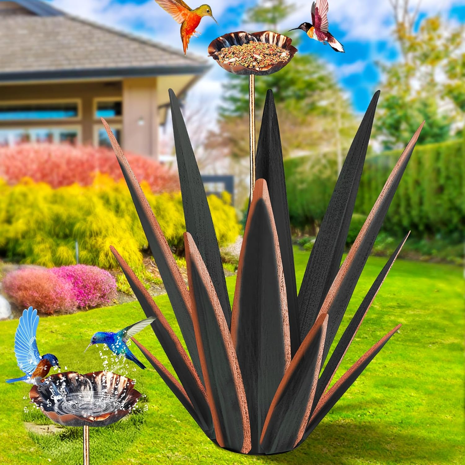 Large Tequila Rustic Sculpture, Rustic Metal Agave Plants for Outdoor Patio Yard, Home Decor Hand Painted Metal Agave Garden Yard Statue, Outdoor Lawn Ornaments (Black - L (W/Solar Light))
