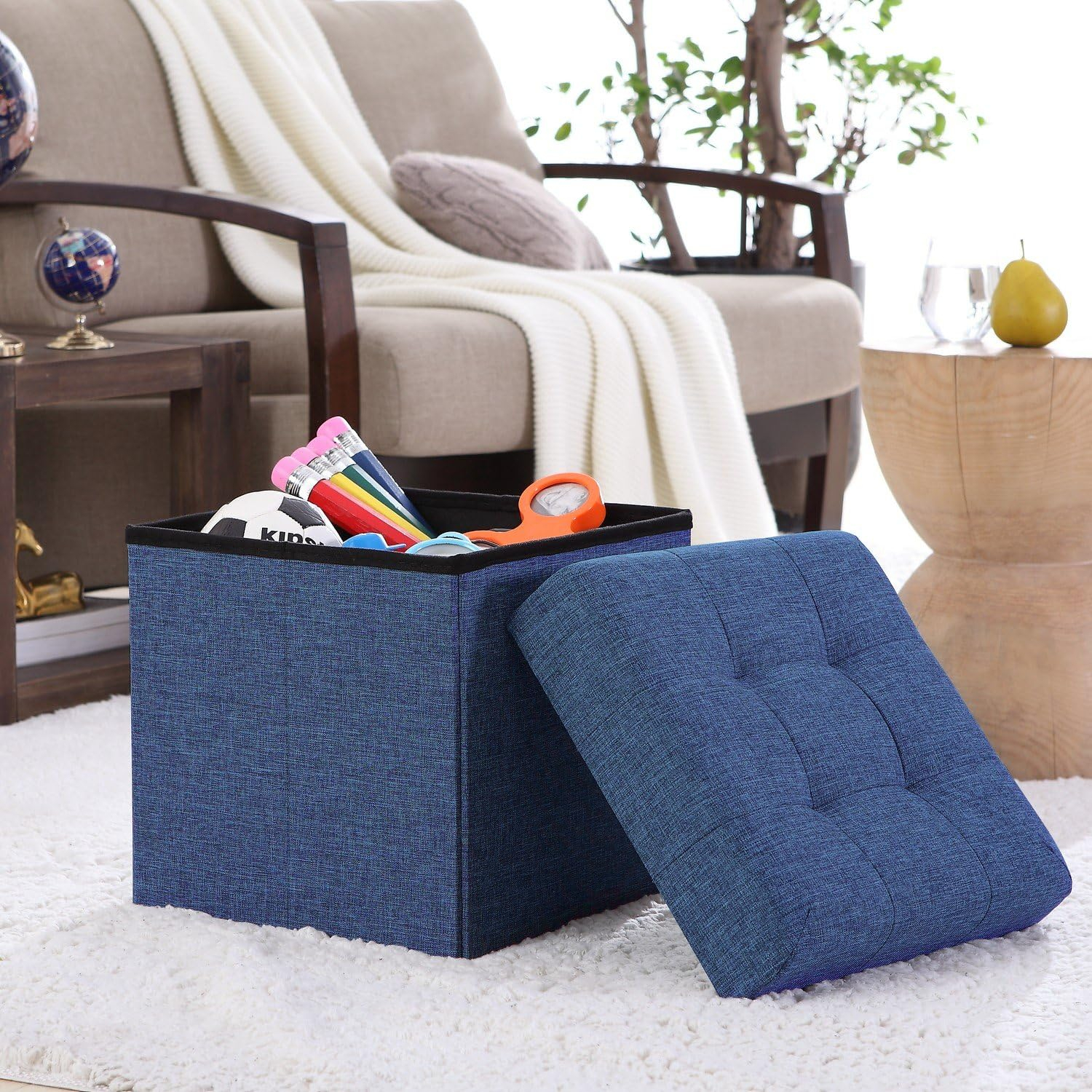 Ornavo Home Foldable Tufted Linen Storage Ottoman Cube Foot Rest Stool Seat - 15" x 15" (Navy Blue)