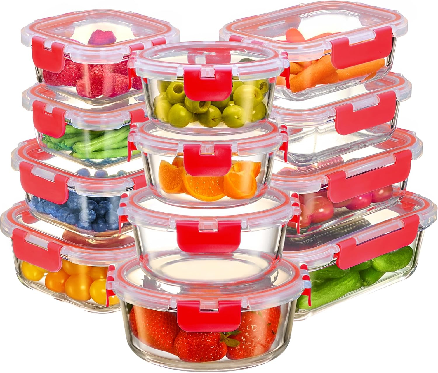 FineDine 24 Piece Glass Storage Containers with Lids - Leak Proof, Dishwasher Safe Glass Food Storage Containers for Meal Prep or Leftovers, Red
