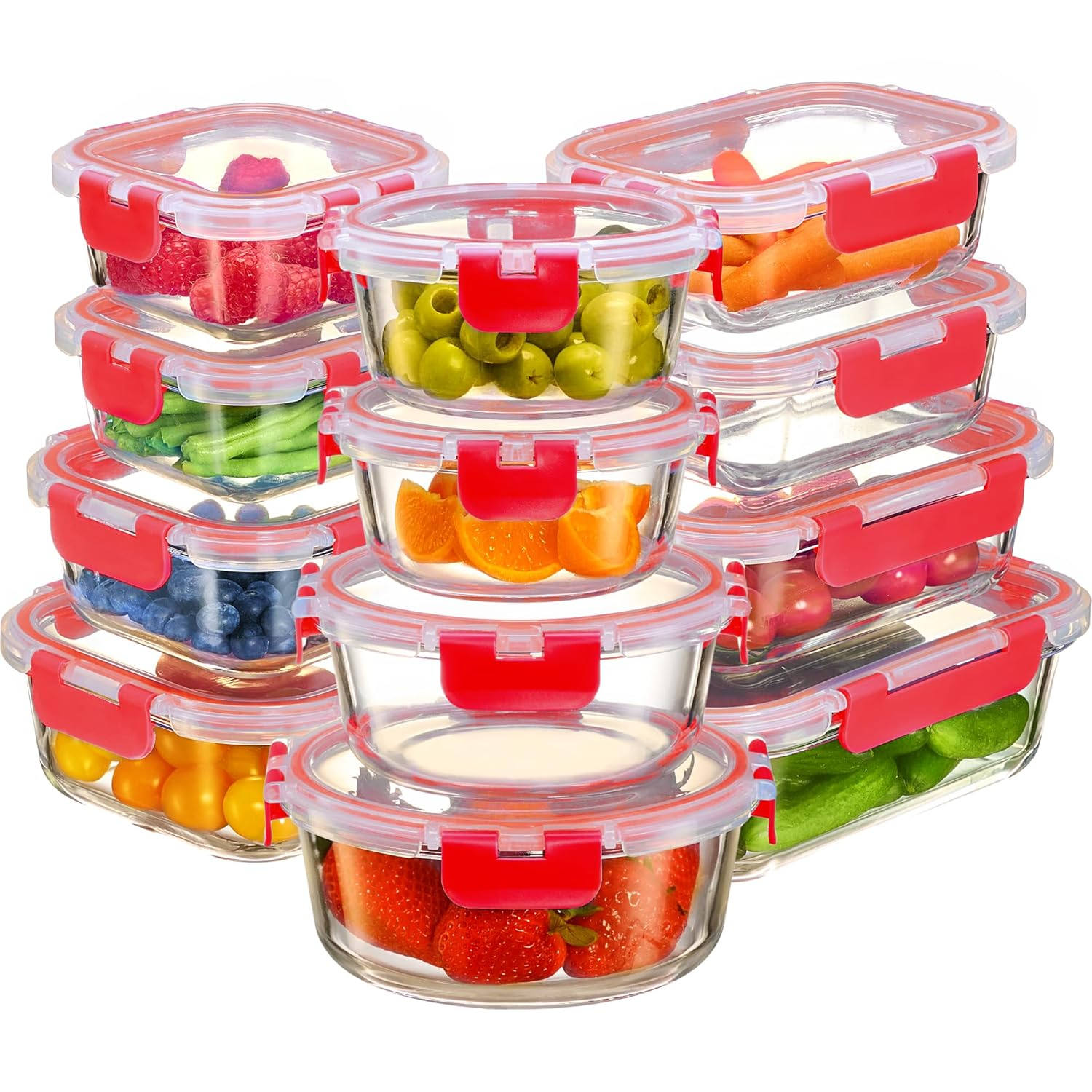 FineDine 24 Piece Glass Storage Containers with Lids - Leak Proof, Dishwasher Safe Glass Food Storage Containers for Meal Prep or Leftovers, Red