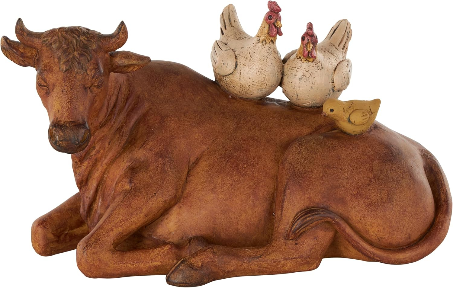 Deco 79 Polystone Cow Sculpture with Sitting Roosters and Chicks, 12" x 6" x 7", Copper