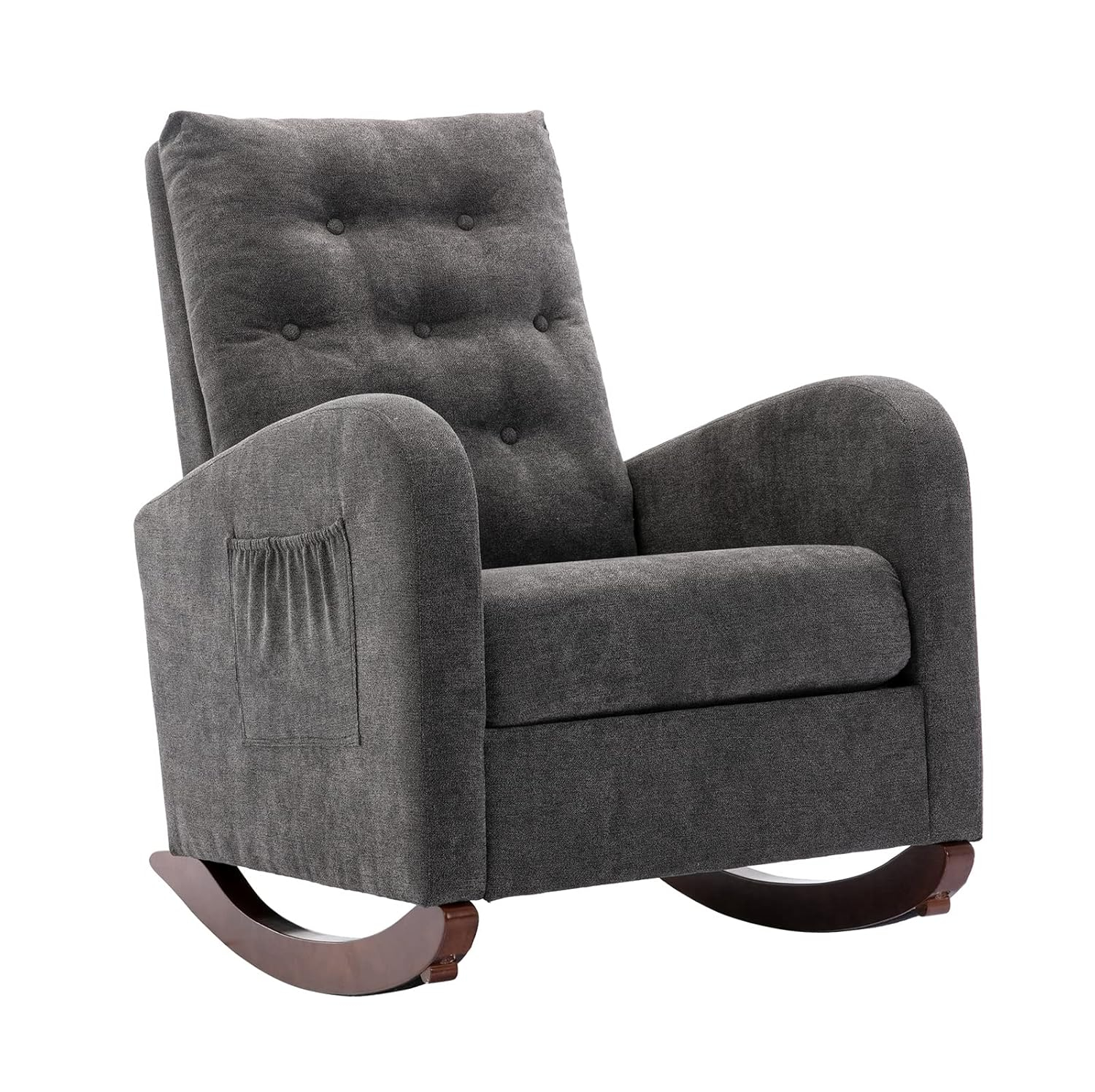 Antetek Modern Accent Rocking Chair, Upholstered Nursery Glider Rocker, Comfy Armchair with Side Pocket, Living Room Lounge Arm Chair, High Backrest with Decorative Buttons, Dark Grey