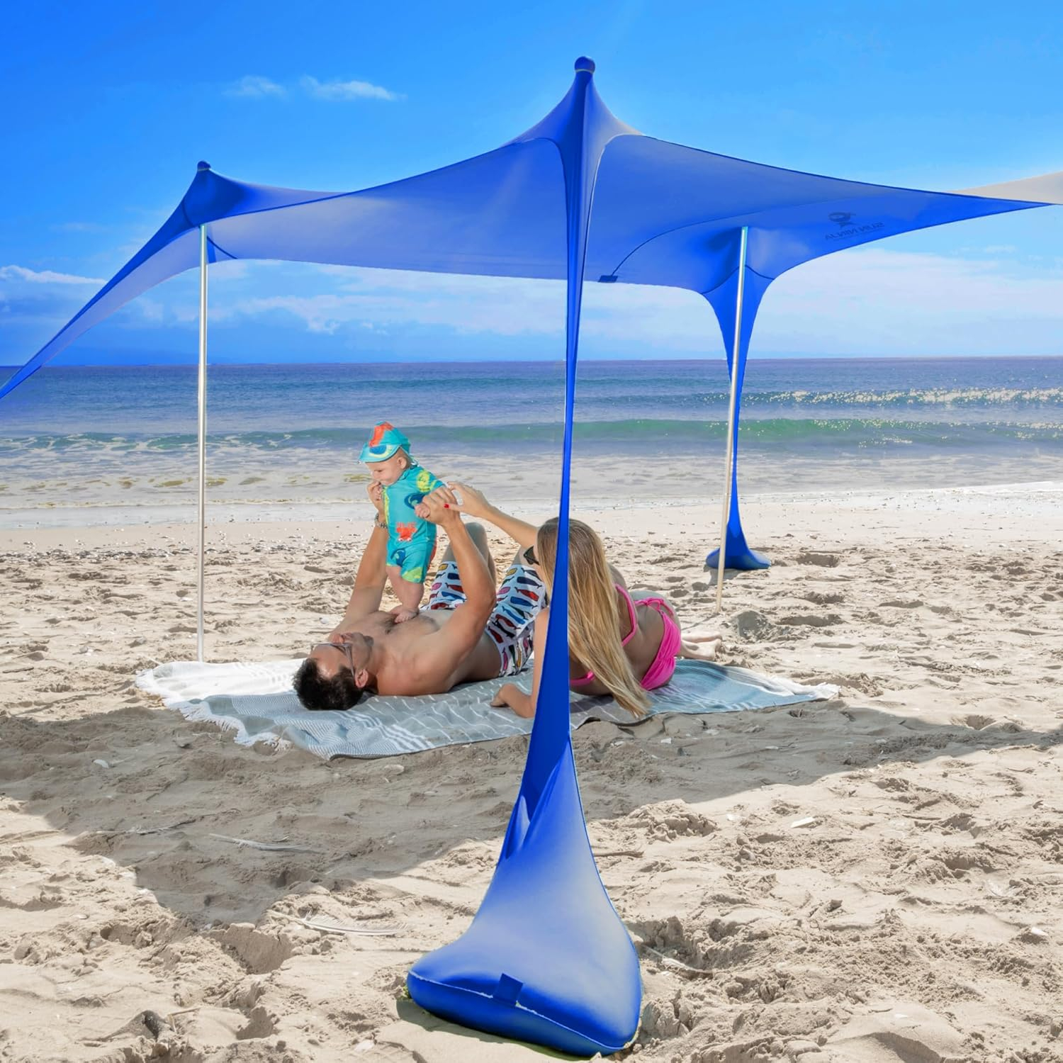 SUN NINJA 7x7.5 FT Pop-Up Beach Tent with Sand Shovel, Pegs & Stability Poles – Royal Blue Sun Shelter for Beach, Camping & Outdoor Use