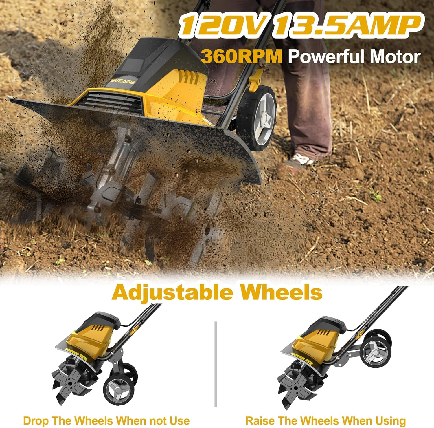 EVEAGE Electric Tiller for Garden, 18 Inch Power Tillers and Cultivators Electric, 13.5AMP Rototiller Cultivator Garden Tool, 4'' - 8'' Tilling Depth Foldable Handle