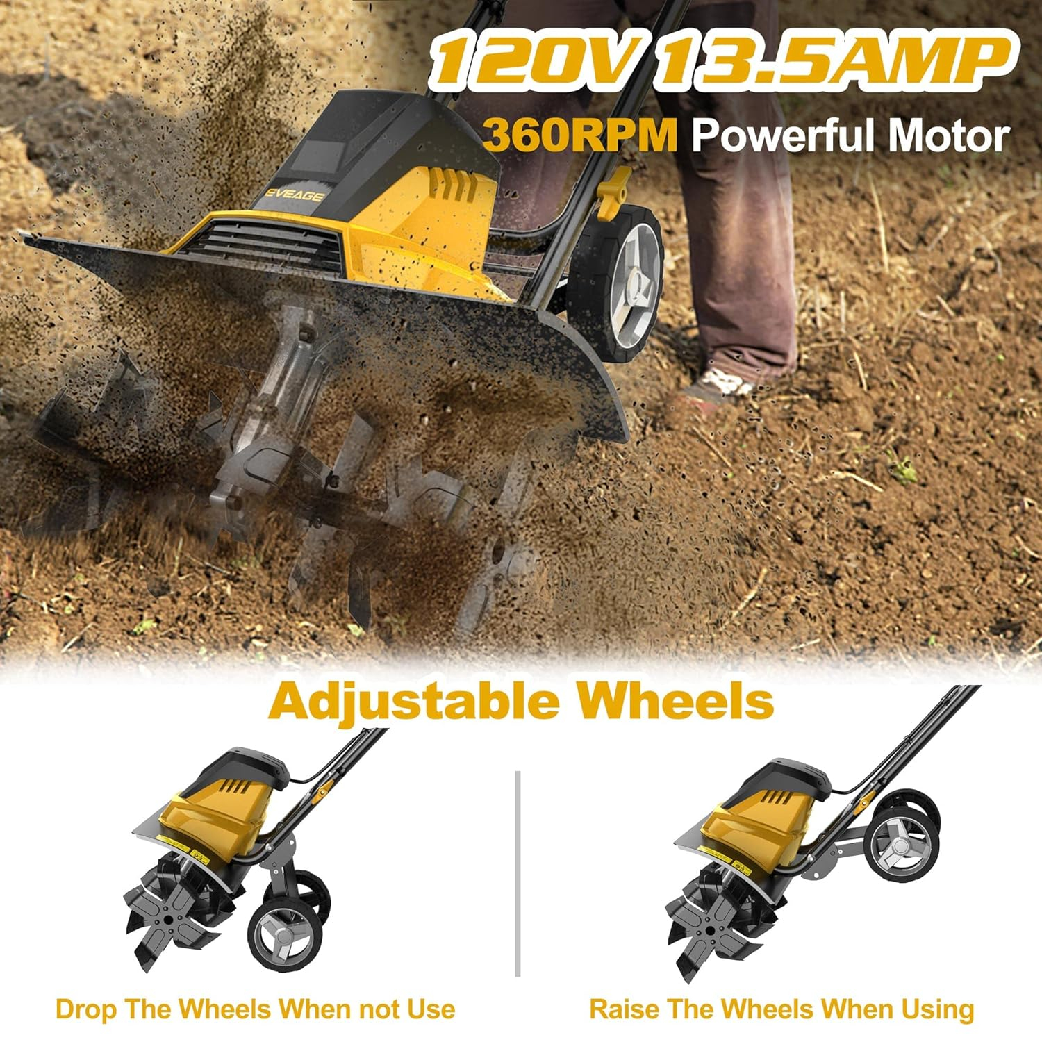 EVEAGE Electric Tiller for Garden, 18 Inch Power Tillers and Cultivators Electric, 13.5AMP Rototiller Cultivator Garden Tool, 4'' - 8'' Tilling Depth Foldable Handle