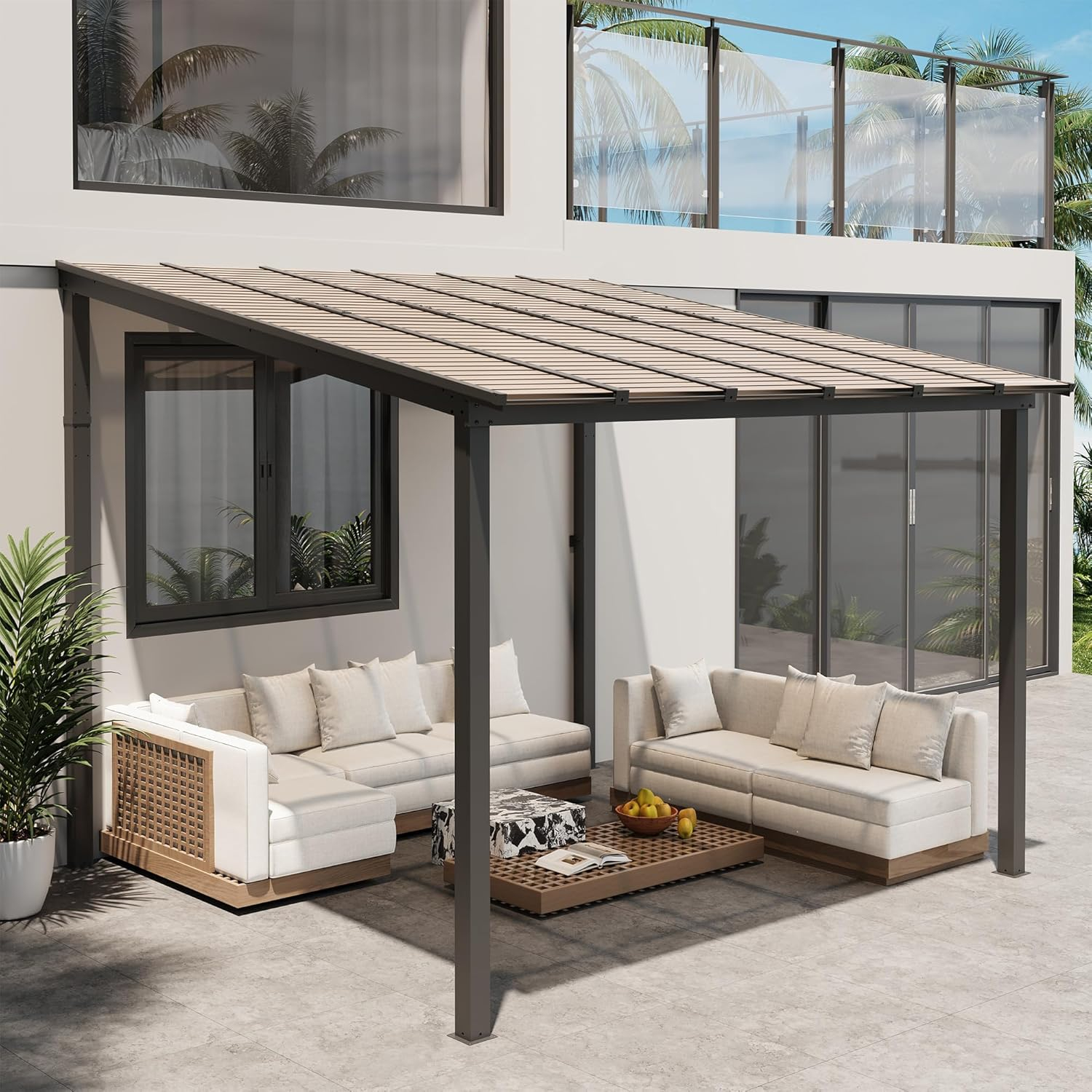 10' x 10' Gazebo, Large Hardtop Wall Mounted Lean to Gazebo for Patio, Aluminum Pergola Awnings for Decks, Patio, Backyard, Porch