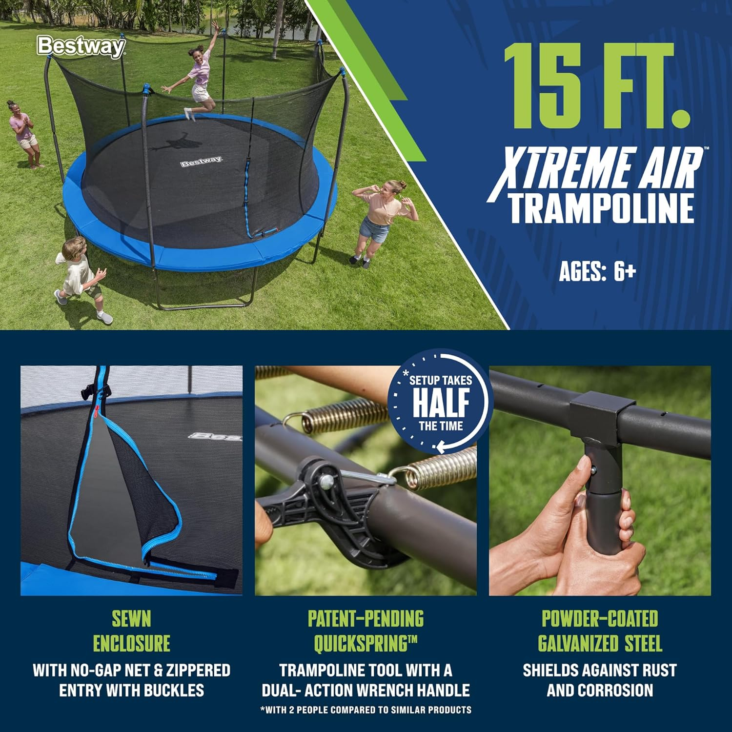 Bestway Xtreme Air 15 ft Trampoline for Kids & Adults, No-Gap Enclosure, Foam-Padded Poles
