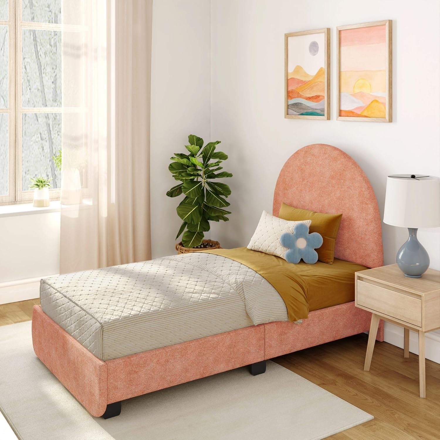 Max & Lily Upholstered Twin Bed Frame with Arch Headboard, Upholstered Platform Bed for Kids, No Box Spring Needed, Easy Assembly, Dusty Rose