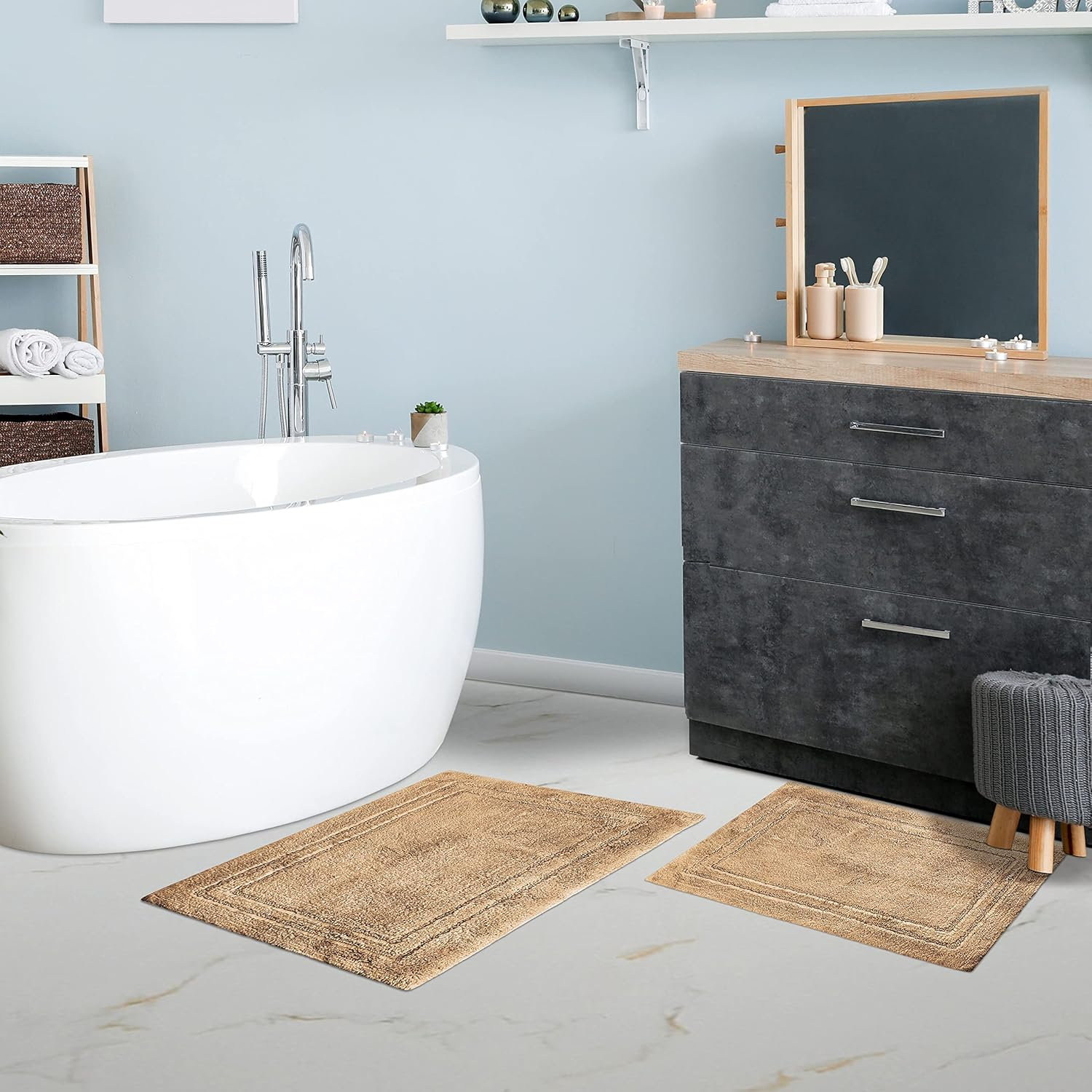 Latte Square Cotton Bath Rug Set with Non-Slip Backing