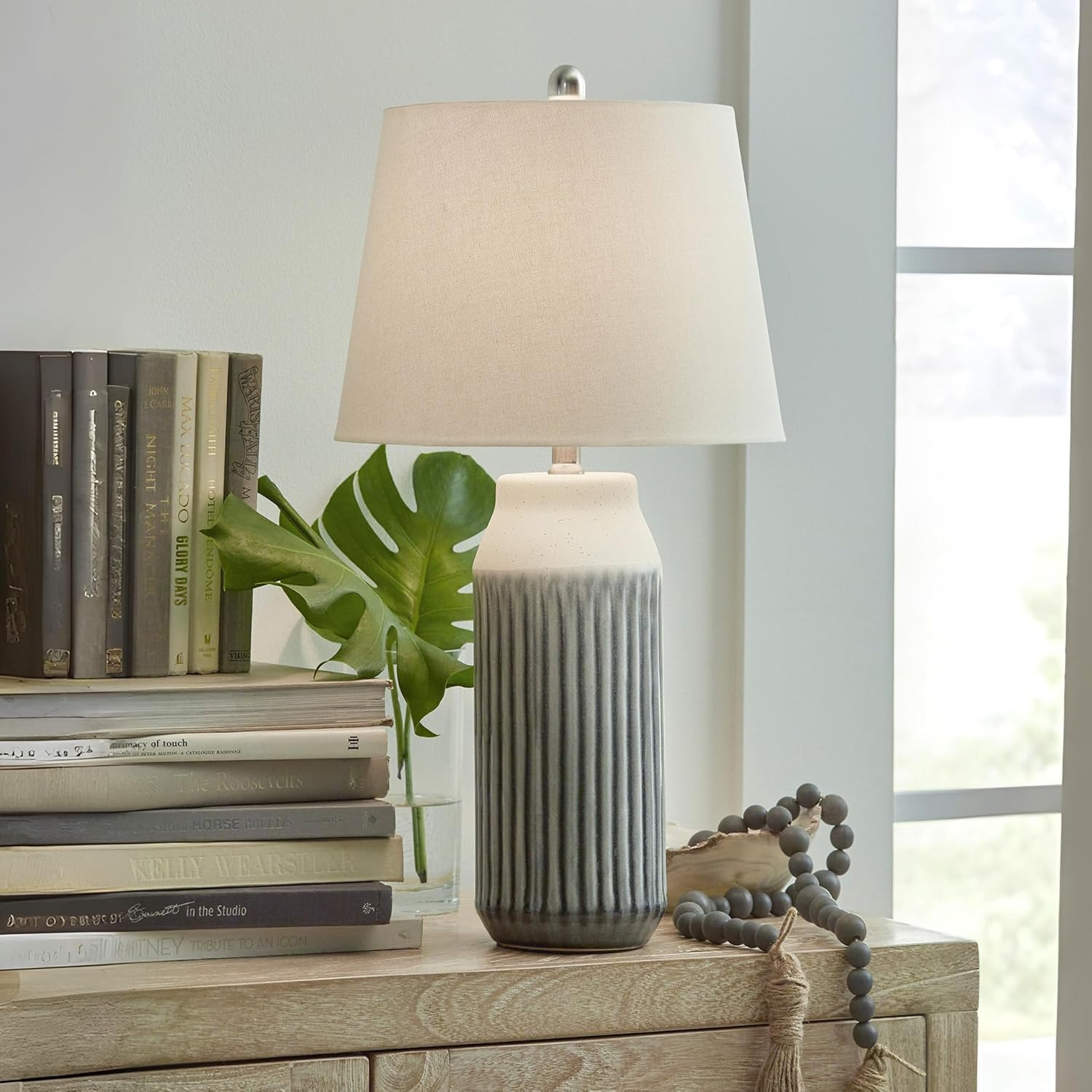 Signature Design by Ashley Afener Contemporary 25.75" Ceramic Table Lamp, Set of 2, Blue & Beige