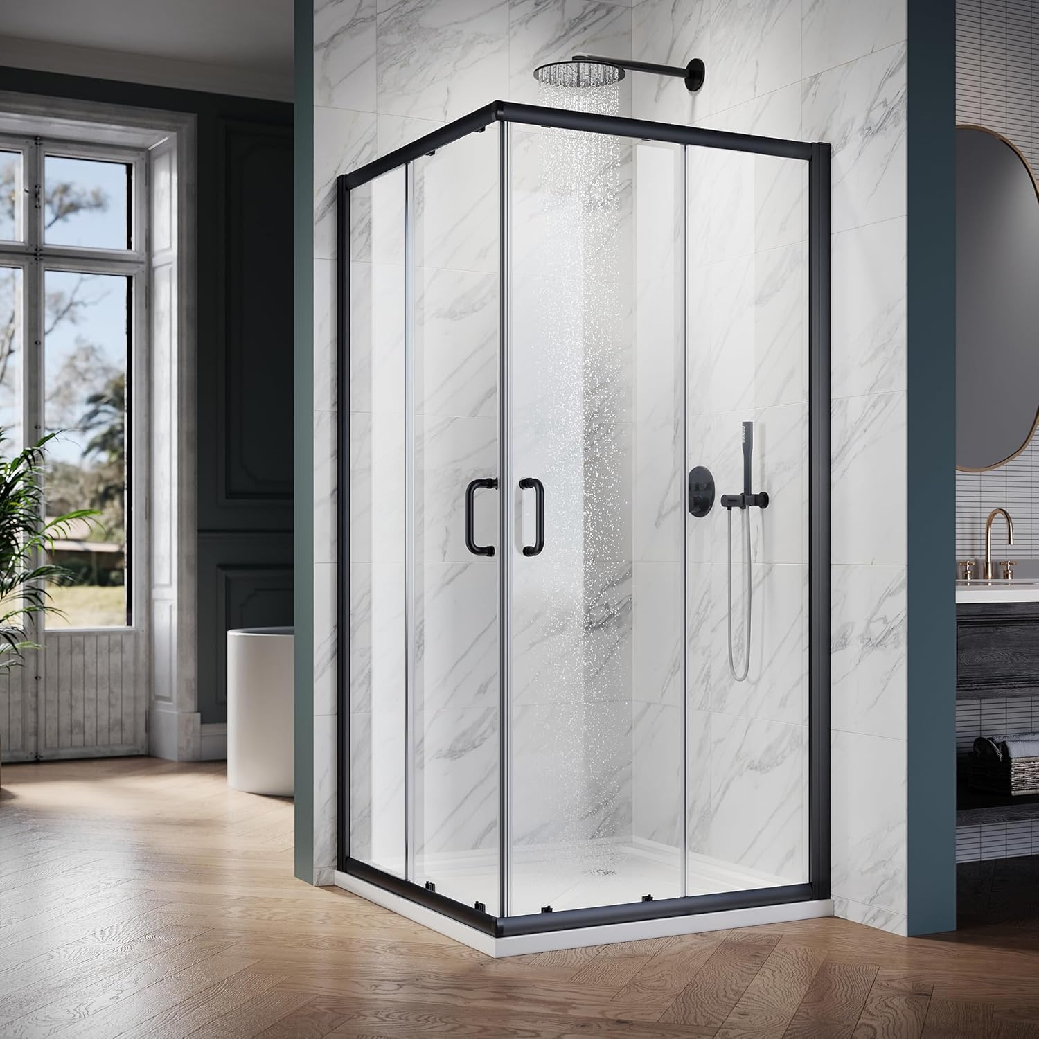 Elegant  Double Opening Sliding Shower Enclosurewith Shower Base Black Matte