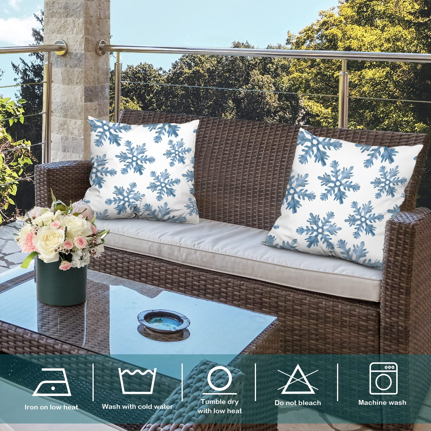 Batmerry Christmas Blue Decorative Pillow Covers, 16 x 16 Inch Blue Snow Winter with Snowflakes Falling White Crystal Double Sided Throw Pillow Covers Sofa Cushion Cover Square 16 Inches(Set of 2)