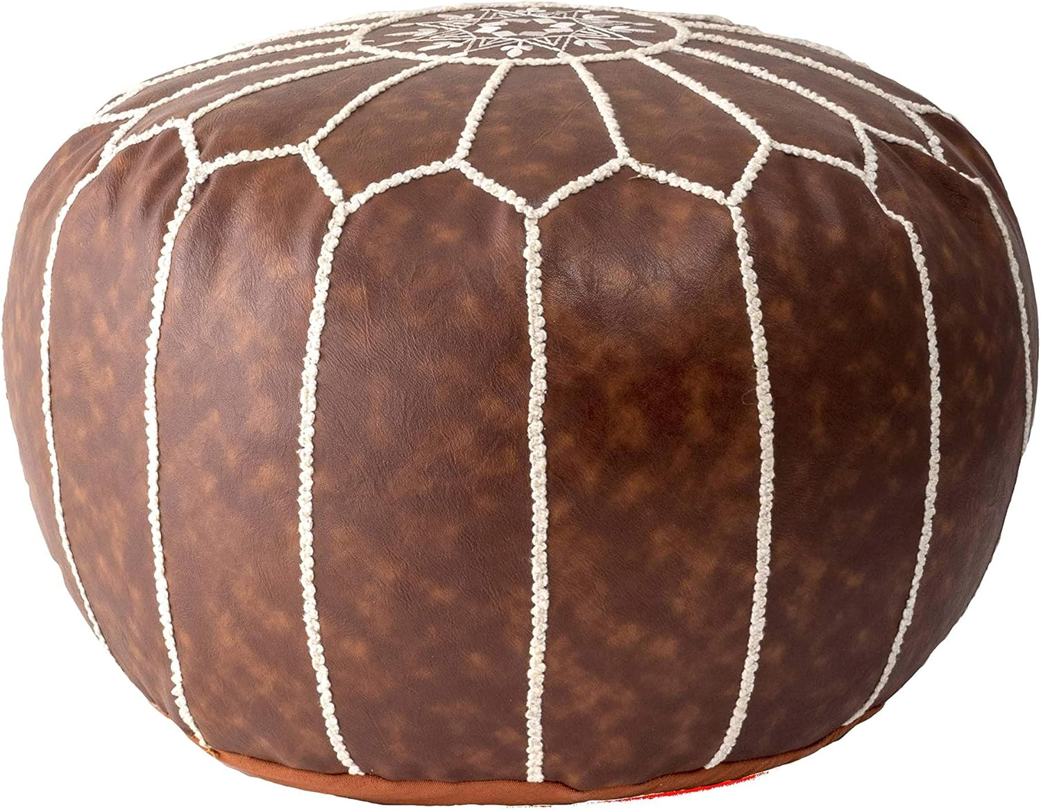 Brown and Ivory Faux Leather Round Moroccan Pouf