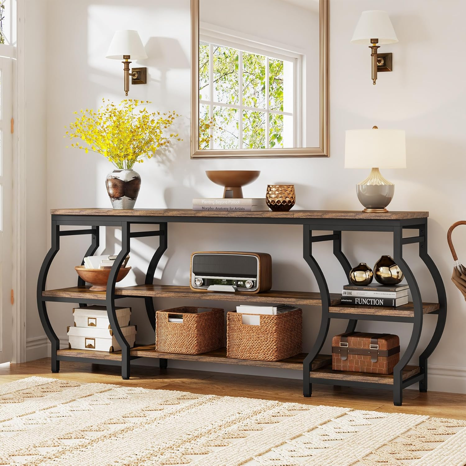 63'' Rustic Wood and Metal 3-Tier Console Table with Storage Shelves