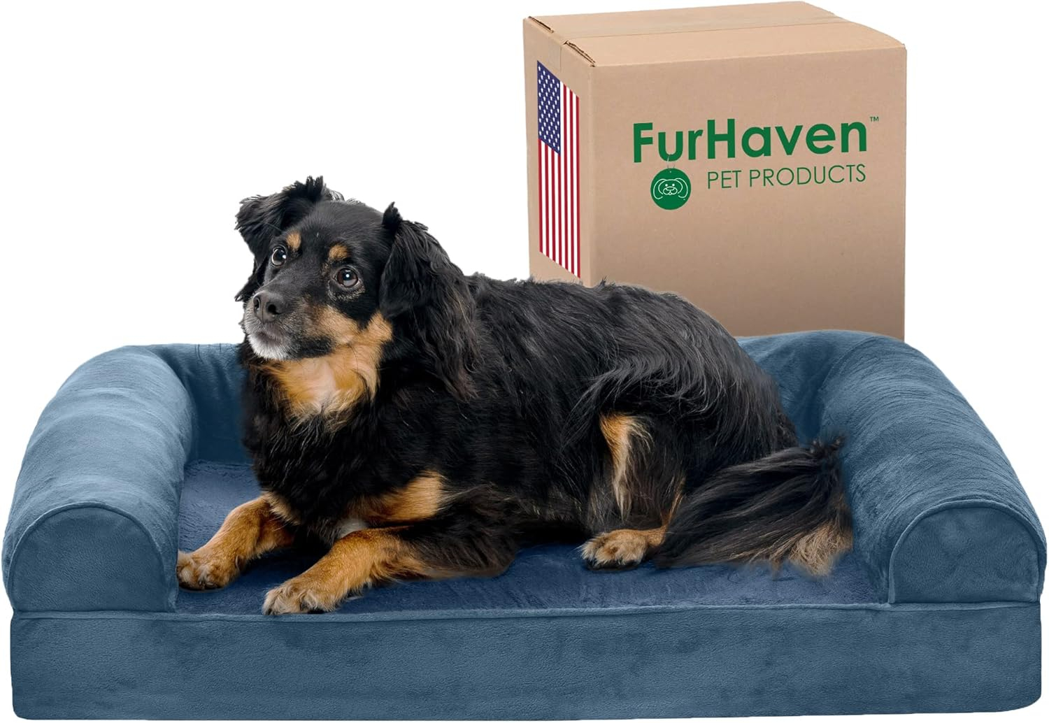 FurHaven Pet Products Faux Fur & Velvet Orthopedic Sofa Pet Bed for Dogs & Cats - Harbor Blue, Medium