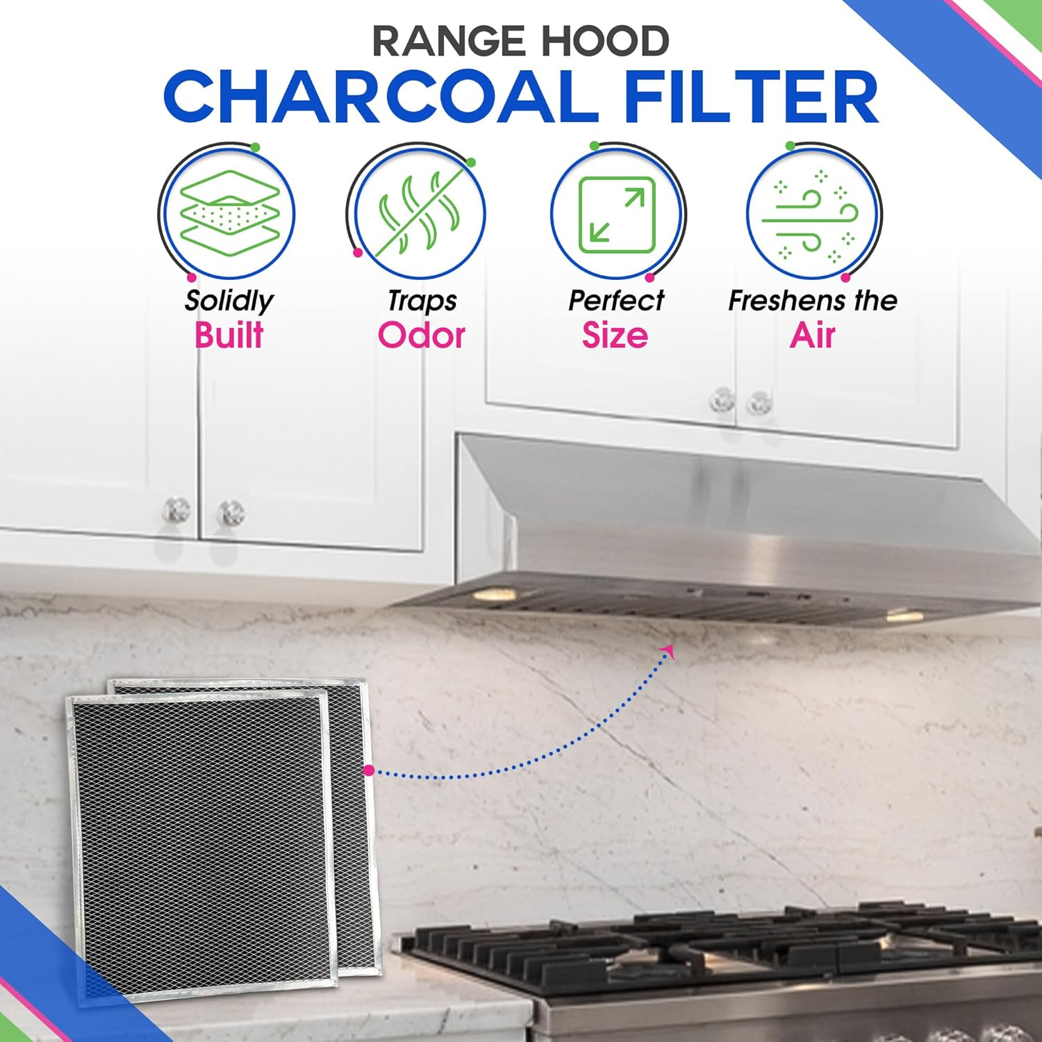 Charcoal Filter Replacement Fits 12.90" x 14.65" HPF30 97020466 Broan range hood filter - Carbon Hood Vent Filter for Ductless Exhaust Fan - Filters and Freshens Kitchen Air Over the Oven (2-Pack)