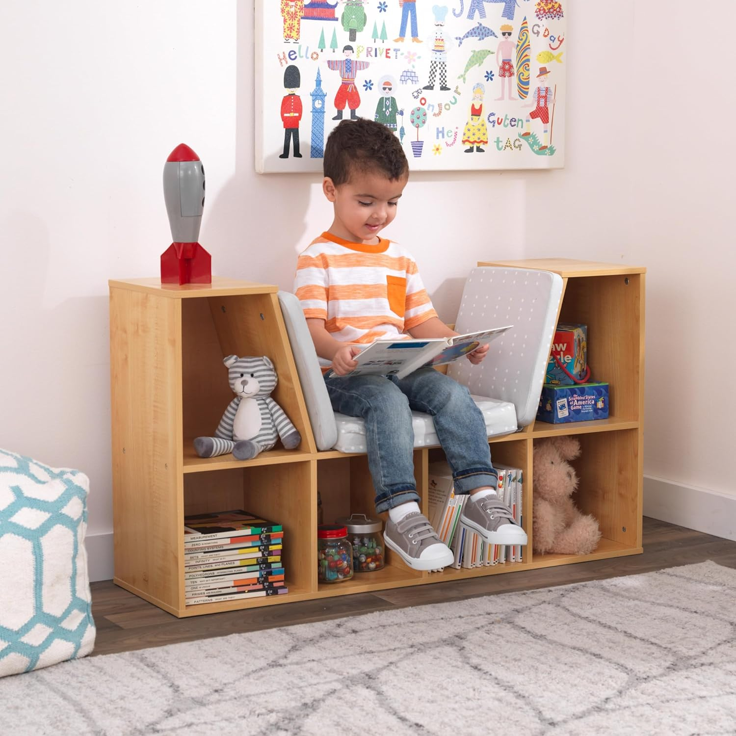 KidKraft Bookcase with Reading Nook, 6 Shelves, Natural