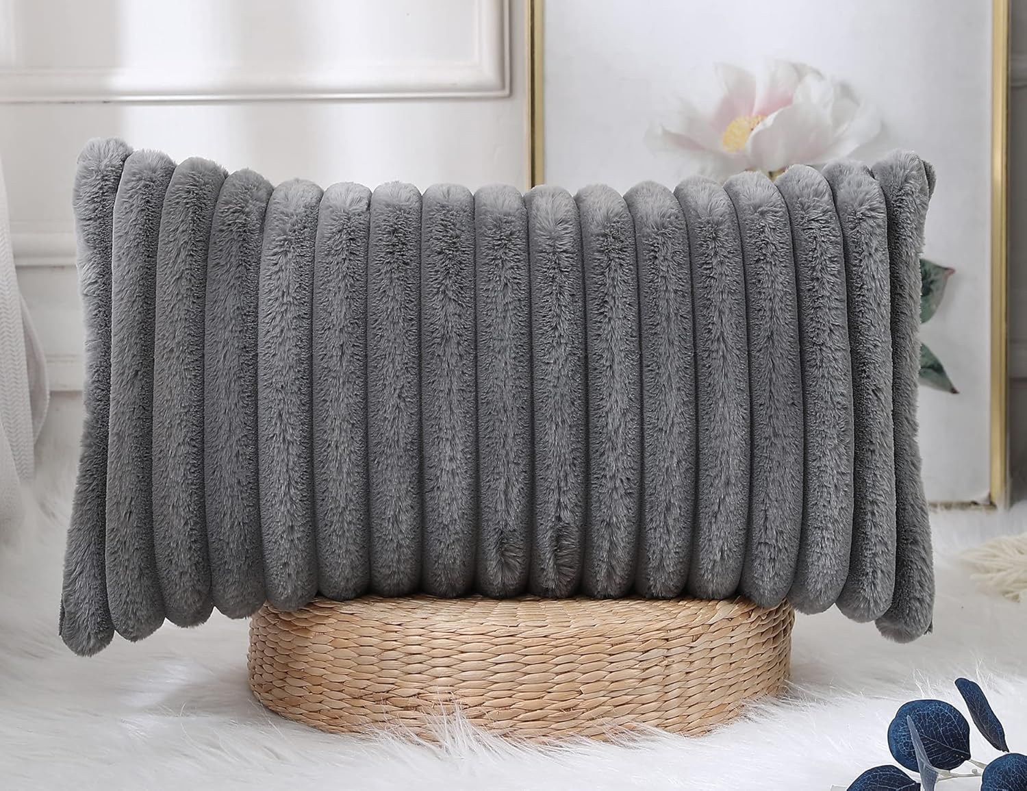 PANOD Faux Fur Decorative Lumbar Throw Pillow Covers 12 x 24,Long Boho Lumbar Pillow Covers Pillow Case Cushion Case for Bed Sofa Farmhouse Livingroom,Grey