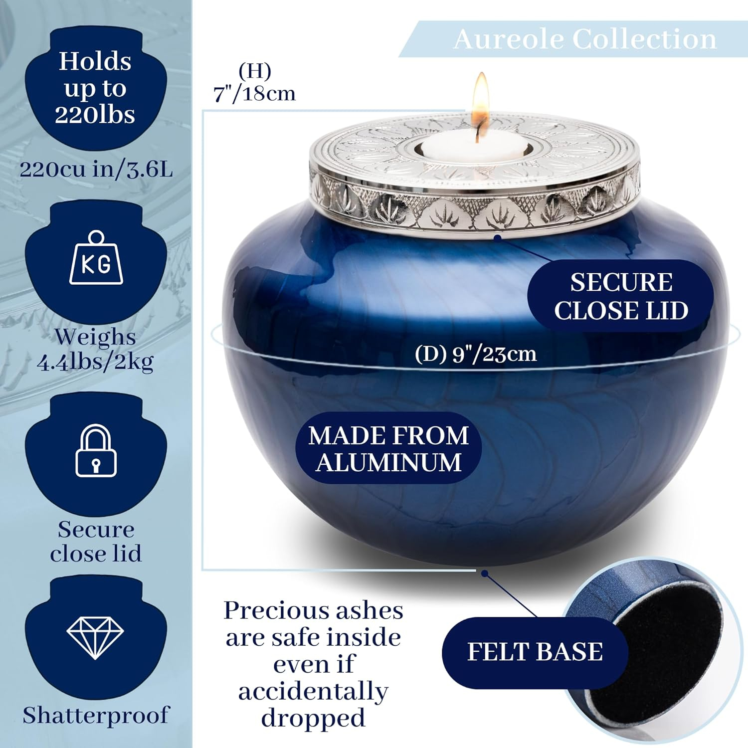 FOVERE – Mini Keepsake Urn for Human Ashes - Small Blue Cremation Urns with Elegant Silver Engraving – Holds a Small Portion of Ashes – 100% Handcrafted Decorative Urns for Human Ashes – Navy Blue