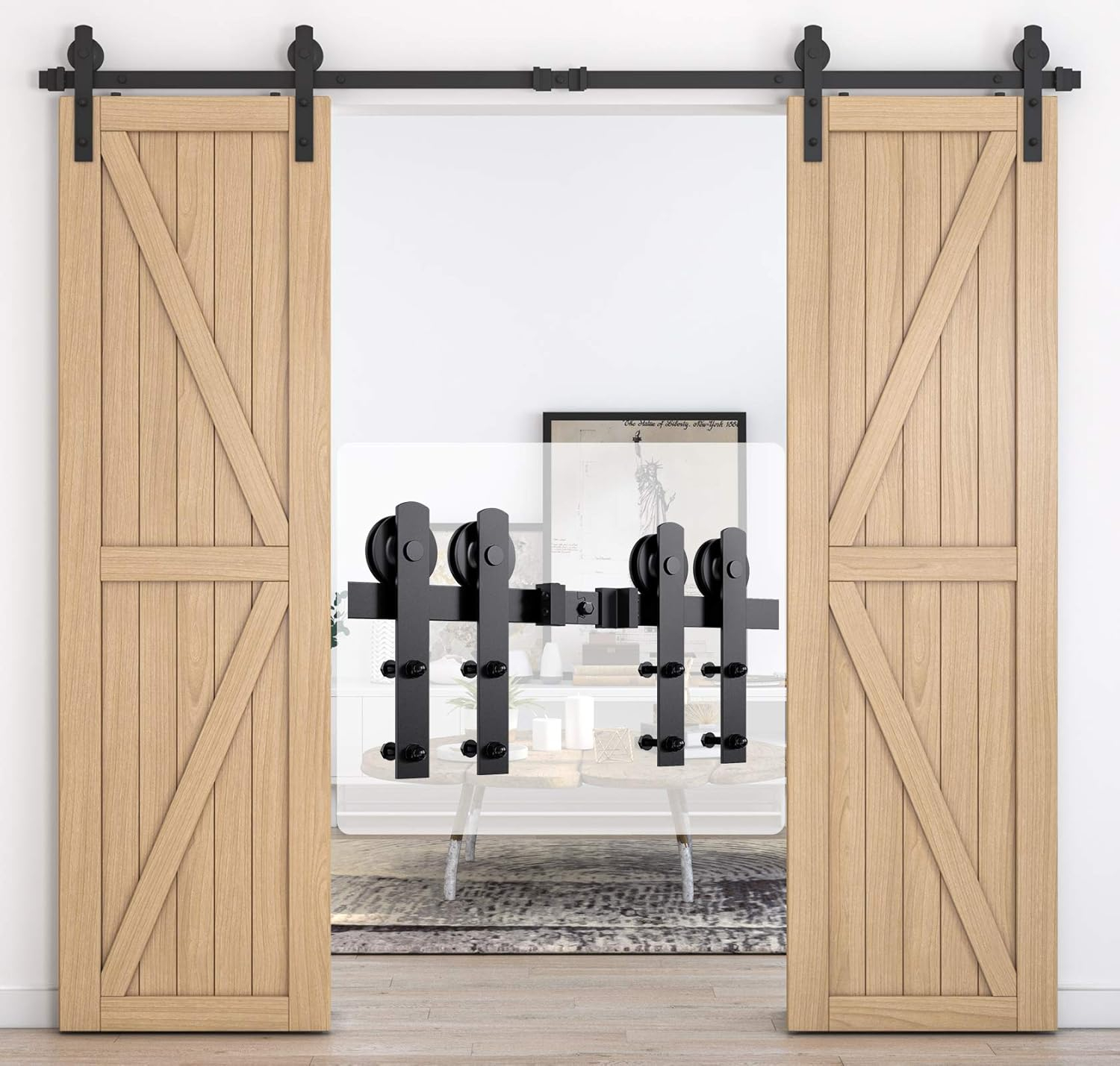 8ft Heavy Duty Sturdy Sliding Barn Door Hardware Kit, Double Door-Smoothly and Quietly, Easy to Install and Reusable - Fit 1 3/8-1 3/4" Thickness & 24" Wide Door Panel, Black(I Shape Hanger)