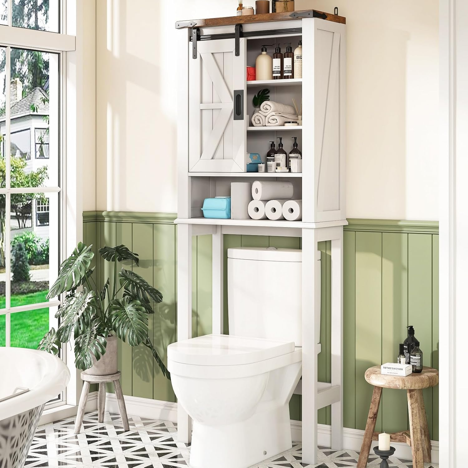 Farmhouse Over Toilet Cabinet, 68" Tall Toilet Organizer Stand with Sliding Barn Door & Adjustable Shelf, Above Toilet Storage for Bathroom, Laundry Room, Rustic Oak & White