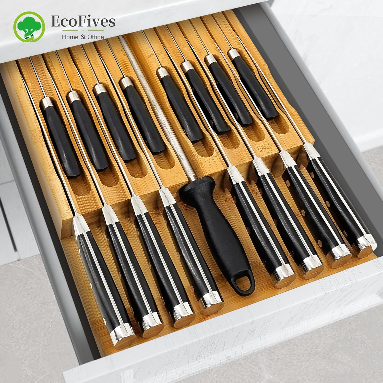 In-Drawer Knife Block,Bamboo Knife Drawer Organizer Insert, Kitchen Knife Drawer Storage for 16 Knives a Slot for your Knife Sharpener (Without Knives)