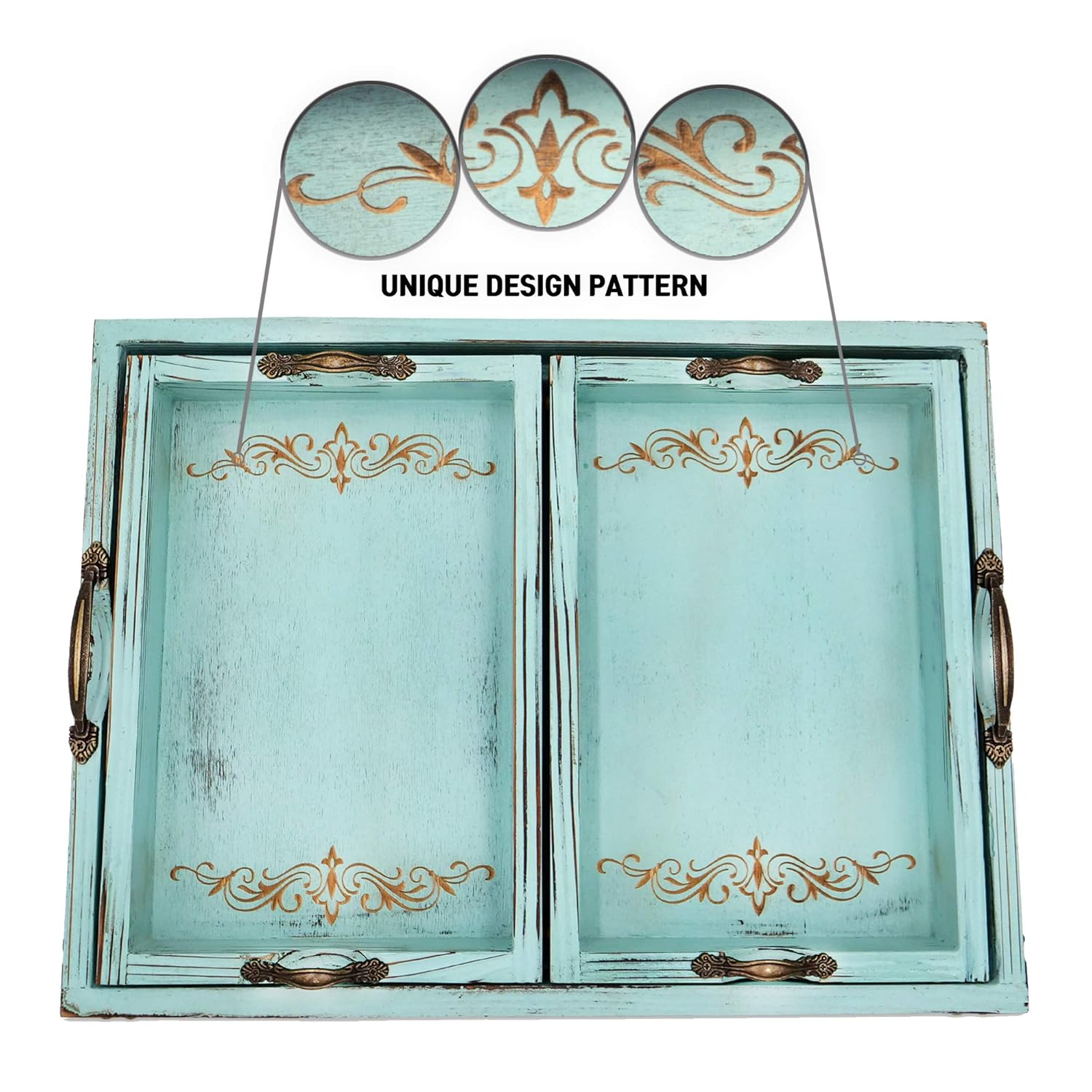 Modern 5th - Vintage Aqua Blue Rustic Wooden Serving Trays with Handles(Set of 3) Pattern Designed