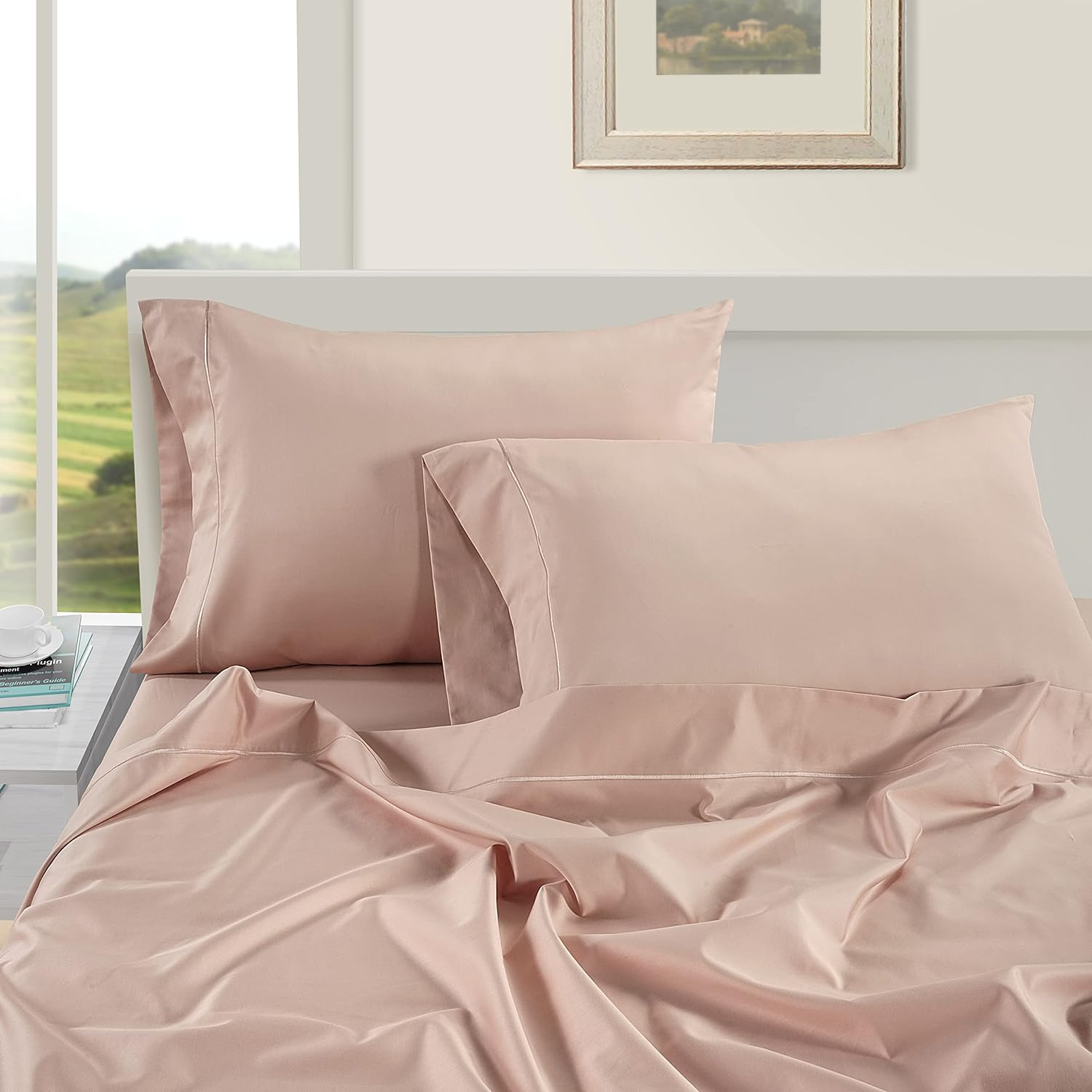 LANE LINEN 1000 TC Luxury 100% Egyptian Cotton Bed Sheets King Size, Fully Elasticized Reinforced 16 Inch Extra Deep Pocket King Sheets, Soft & Comfy Sateen Weave for Silky Finish-Sepia Rose