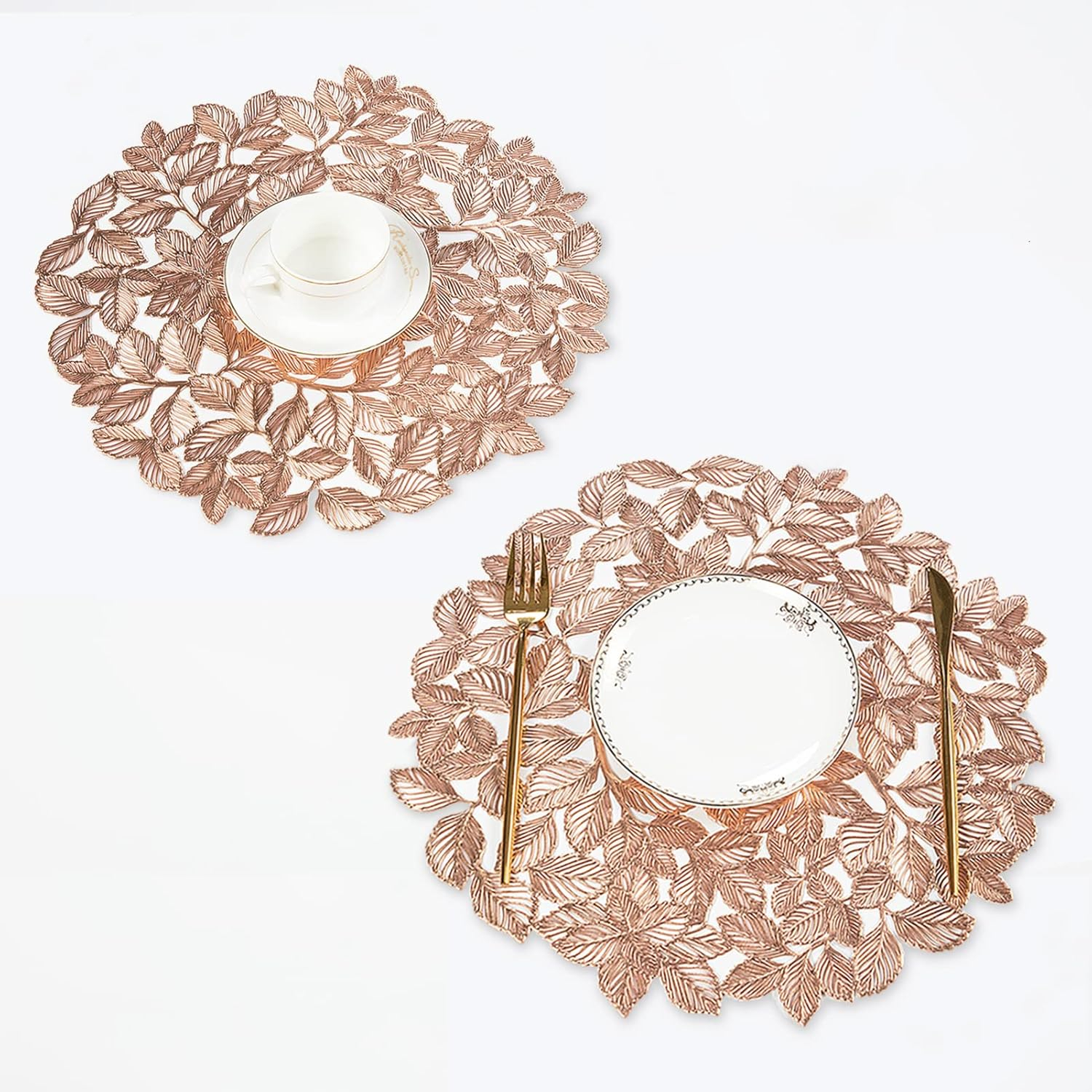 Rose Gold Placemats Set of 6 Metallic Leaf Round Placemats Non-Slip Wipeable Table Mats for Dinner,Party,Home Decoration Wedding Accent Centerpiece