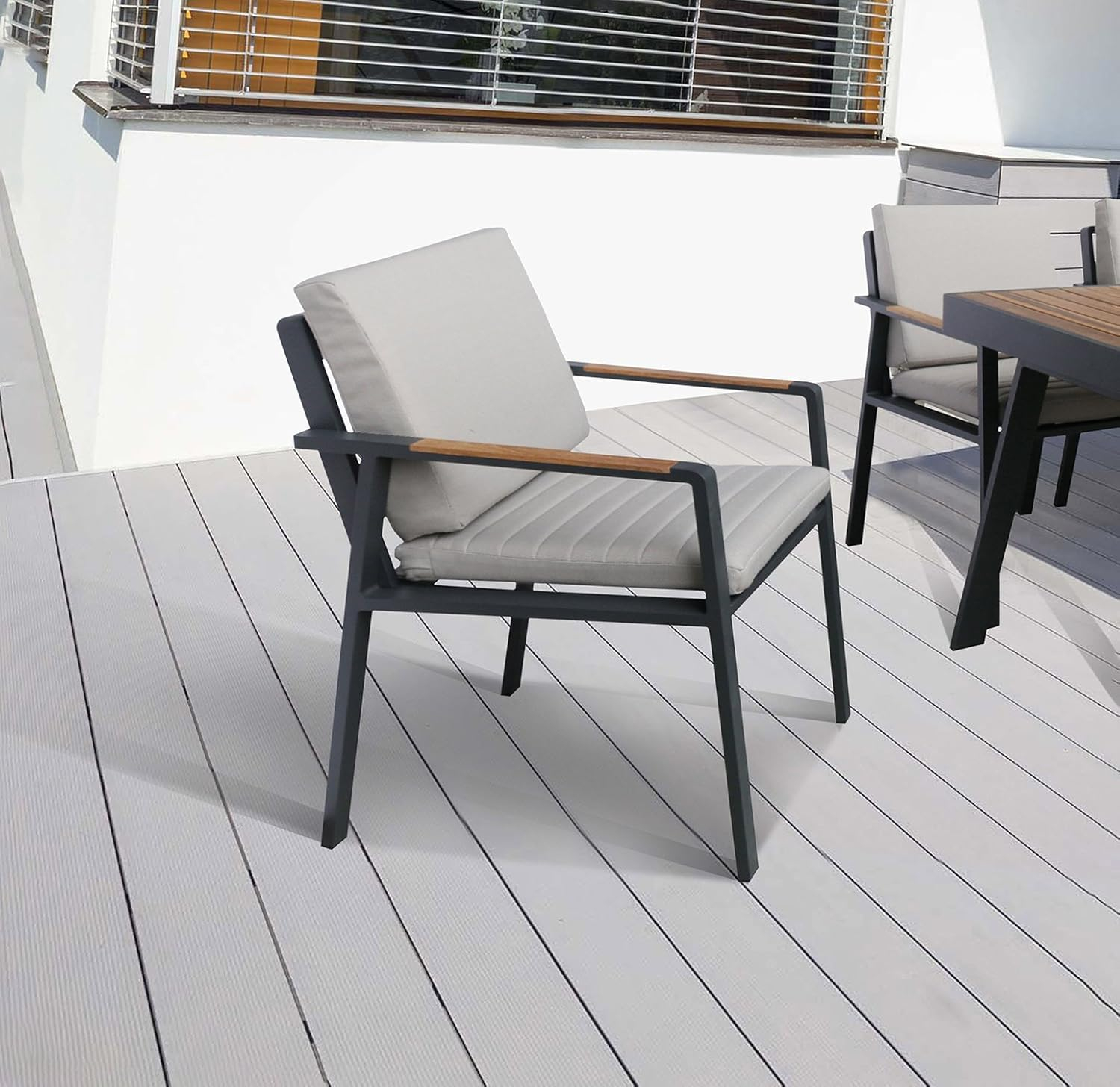 Armen Living Nofi Outdoor Patio Dining Chair in Charcoal Finish with Taupe Cushions and Teak Wood Accent Arms  - Set of 2