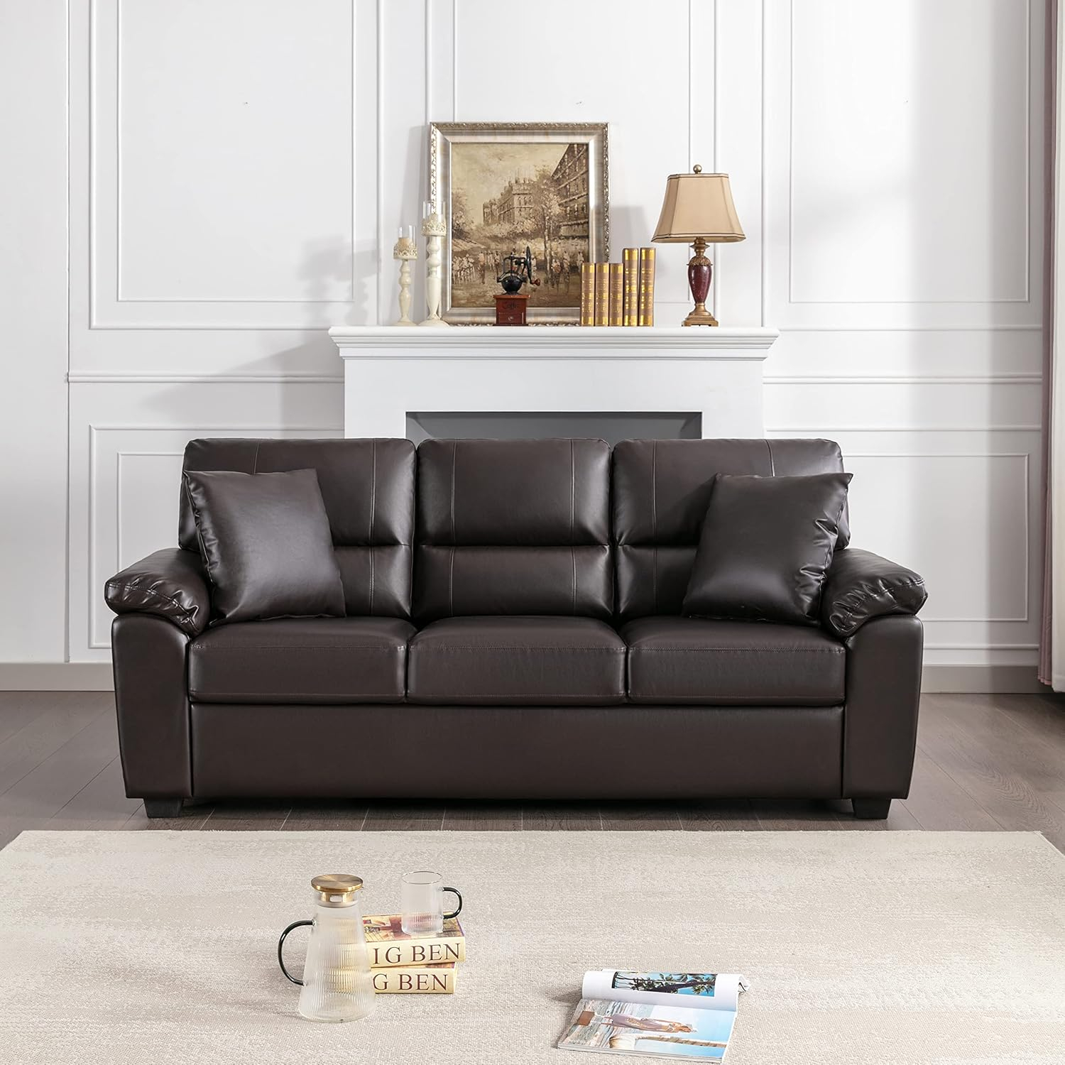 Chocolate Faux Leather Three-Seater Sofa with Removable Cushions