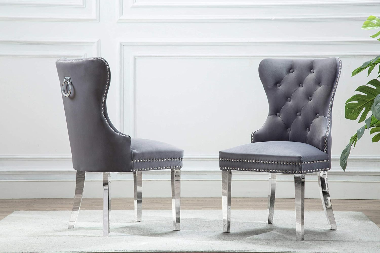 Tufted Dark Gray Velvet Side Chairs with Silver Stainless Steel (Set of 2)