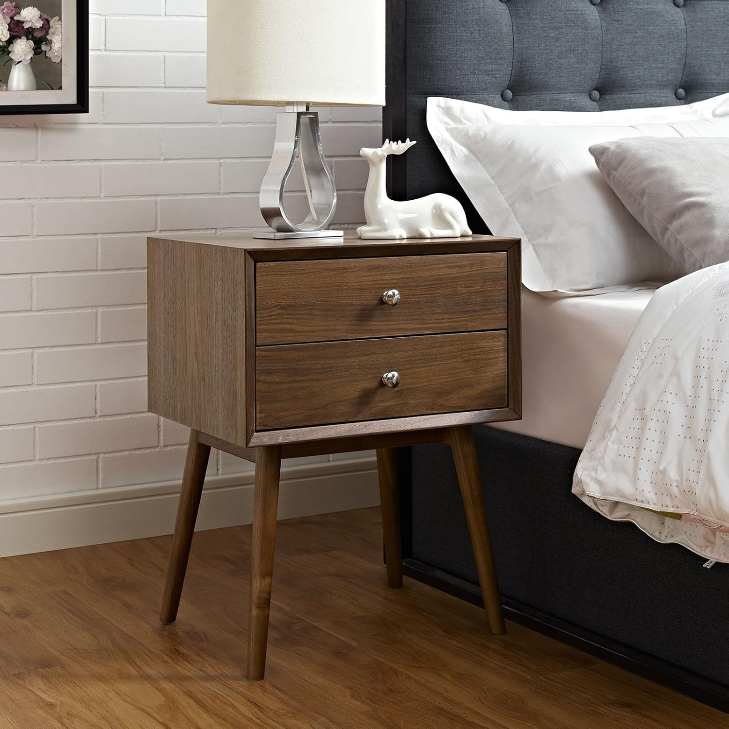Walnut Mid-Century Modern 2-Drawer Nightstand with Metal Knob Handles