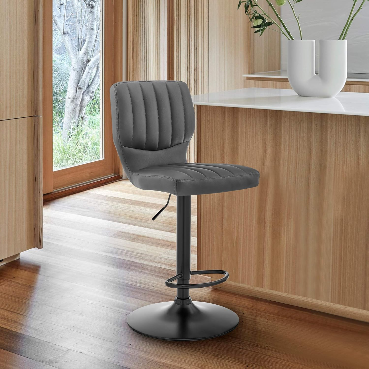 Contemporary Gray Leather Swivel Bar Stool with Adjustable Height