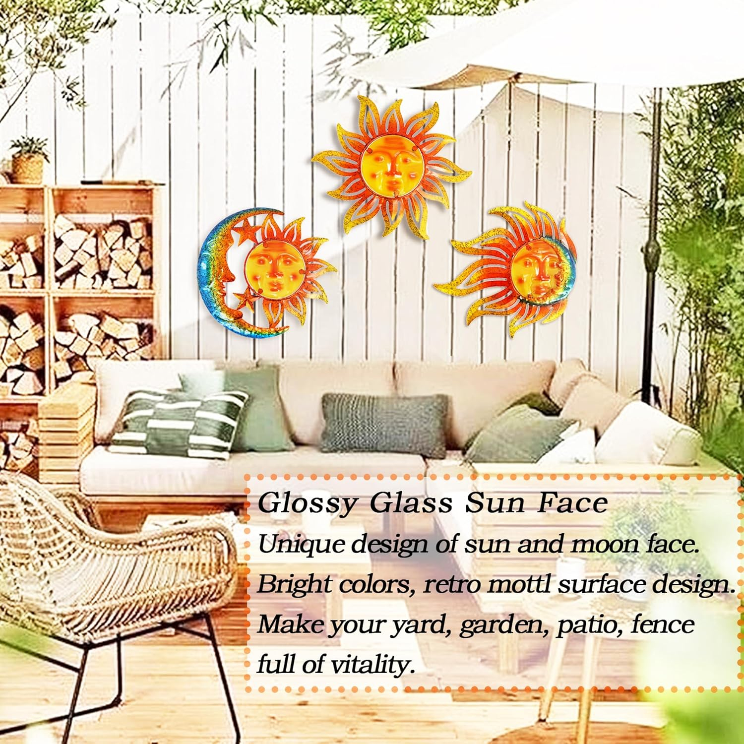 BVLFOOK Sun Face Metal Wall Art Decor Outdoor Indoor, Sun Moon Star, Metal & Glass Hanging Wall Patio Decorations for Outdoor Living Room Bedroom Garden Porch Fence Balcony, Set of 3, 9 inch Large