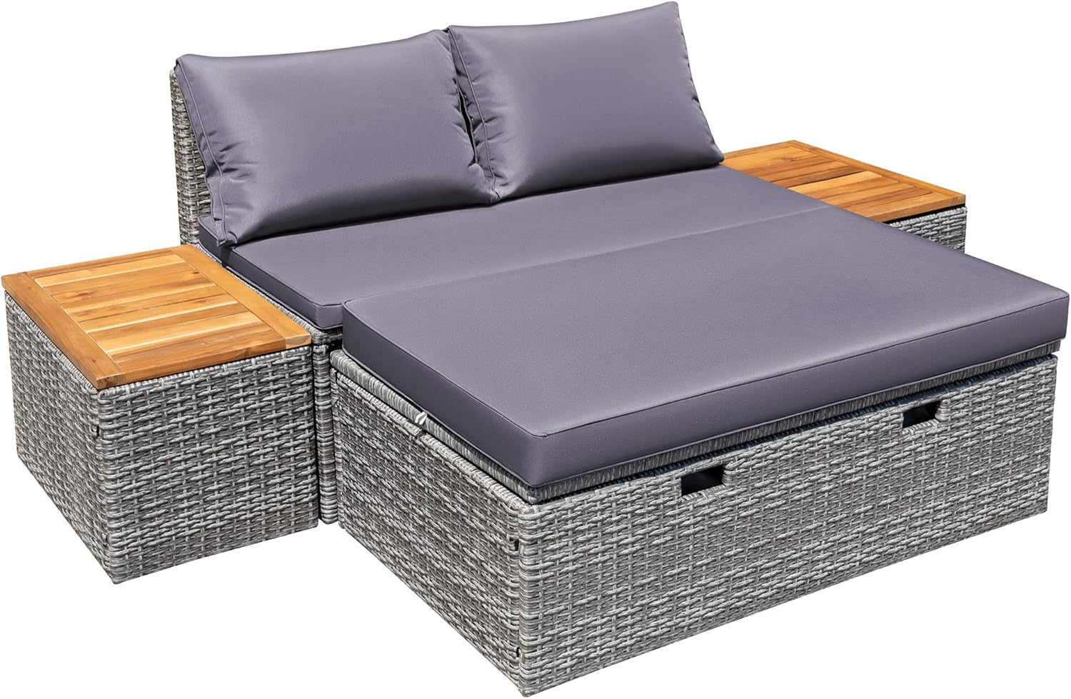 Devoko Patio Day Bed with 2 Side Tables Outdoor Daybed Set MultifunctionalRattan Lounge Bed for Backyard Porch Poolside Lawn Beach (Gray)