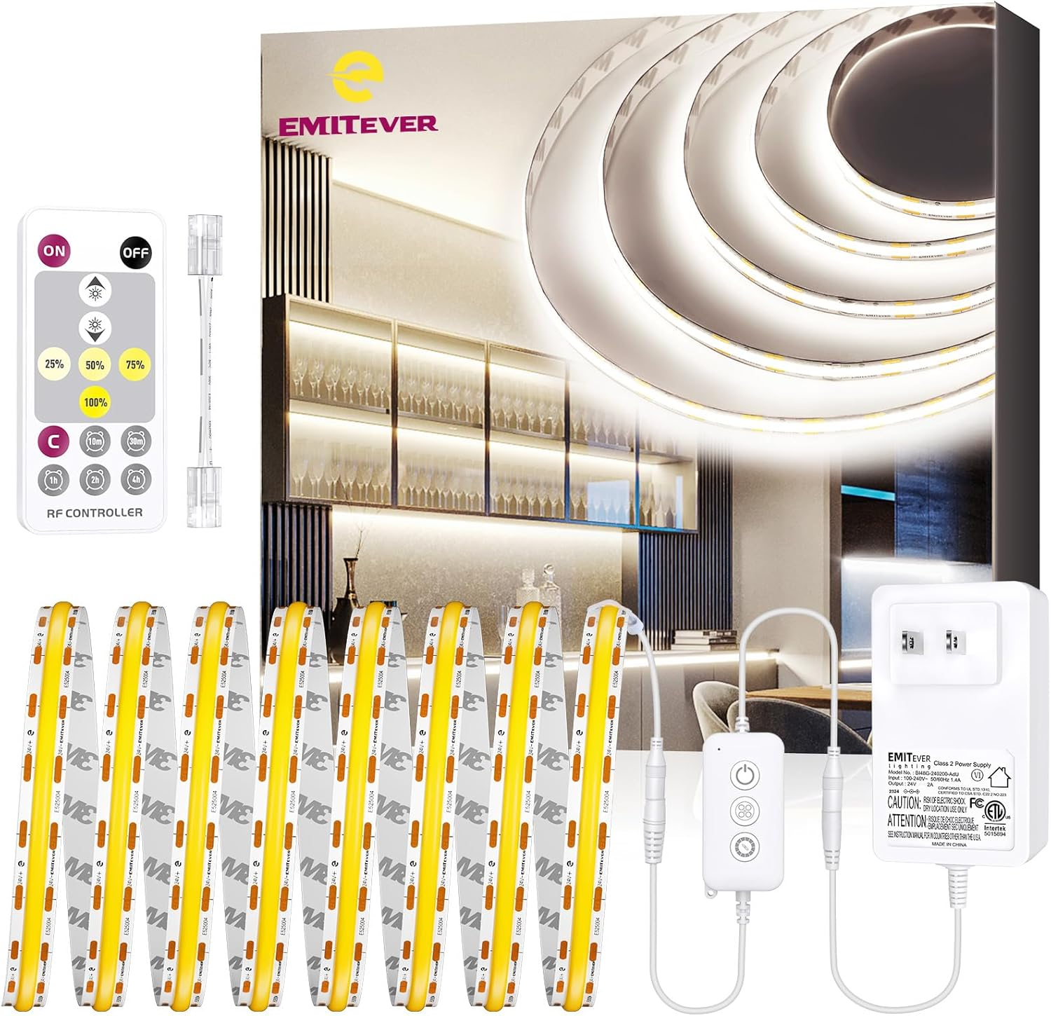 EMITEVER COB LED Strip Lights Kit Neutral White with Remote & 24V Power Supply,16.4ft Dimmable Tape Light 4000K, High Density 2400LEDs, 300+LM/FT,CRI90+, UL Listed for Bedroom Kitchen Cabinet Lighting