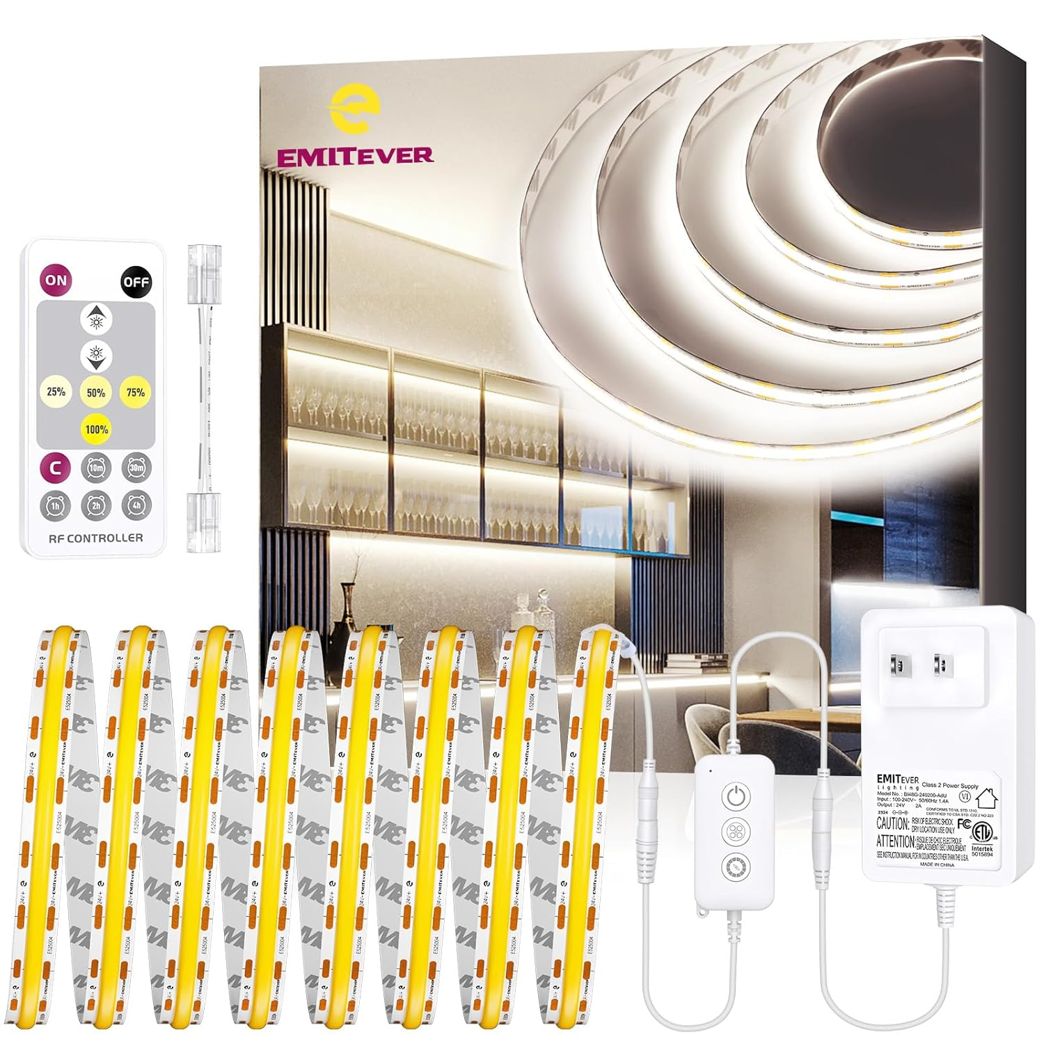 EMITEVER COB LED Strip Lights Kit Neutral White with Remote & 24V Power Supply,16.4ft Dimmable Tape Light 4000K, High Density 2400LEDs, 300+LM/FT,CRI90+, Suitable for Bedroom Kitchen Cabinet Lighting