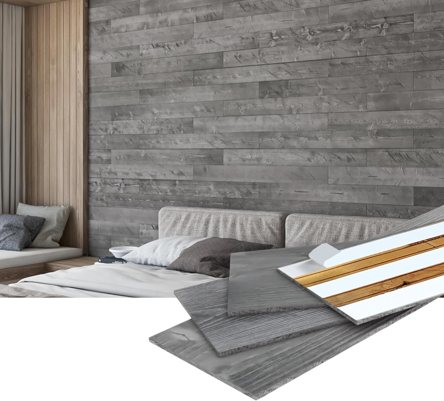 WoodyWalls Peel and Stick Wood Planks | Real Wood Wall Panels | Premium Set of 12 Wood Planks for Walls | DIY Wood Panels (19.5 sq. ft. per Box) Gray