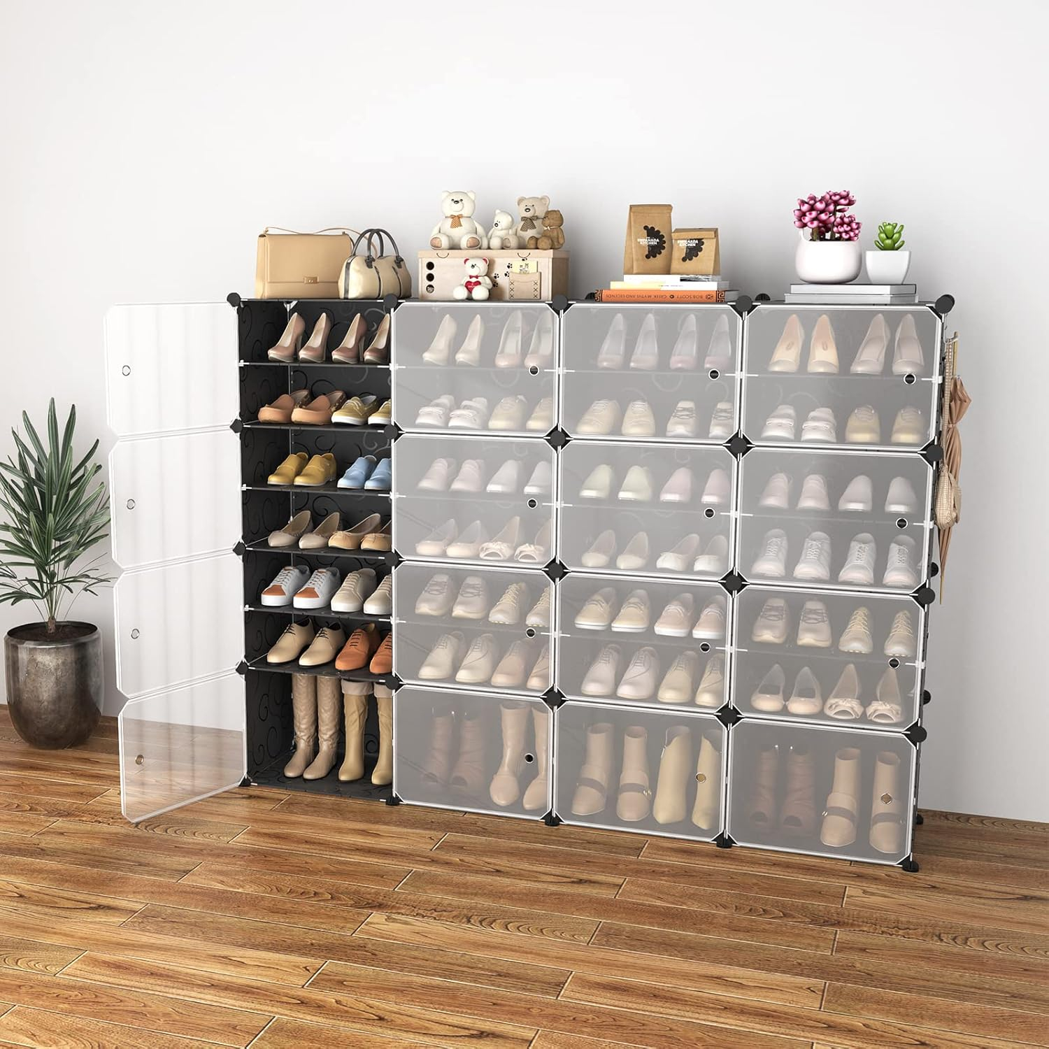 Black and White Freestanding Plastic Shoe Storage Cabinet with Doors