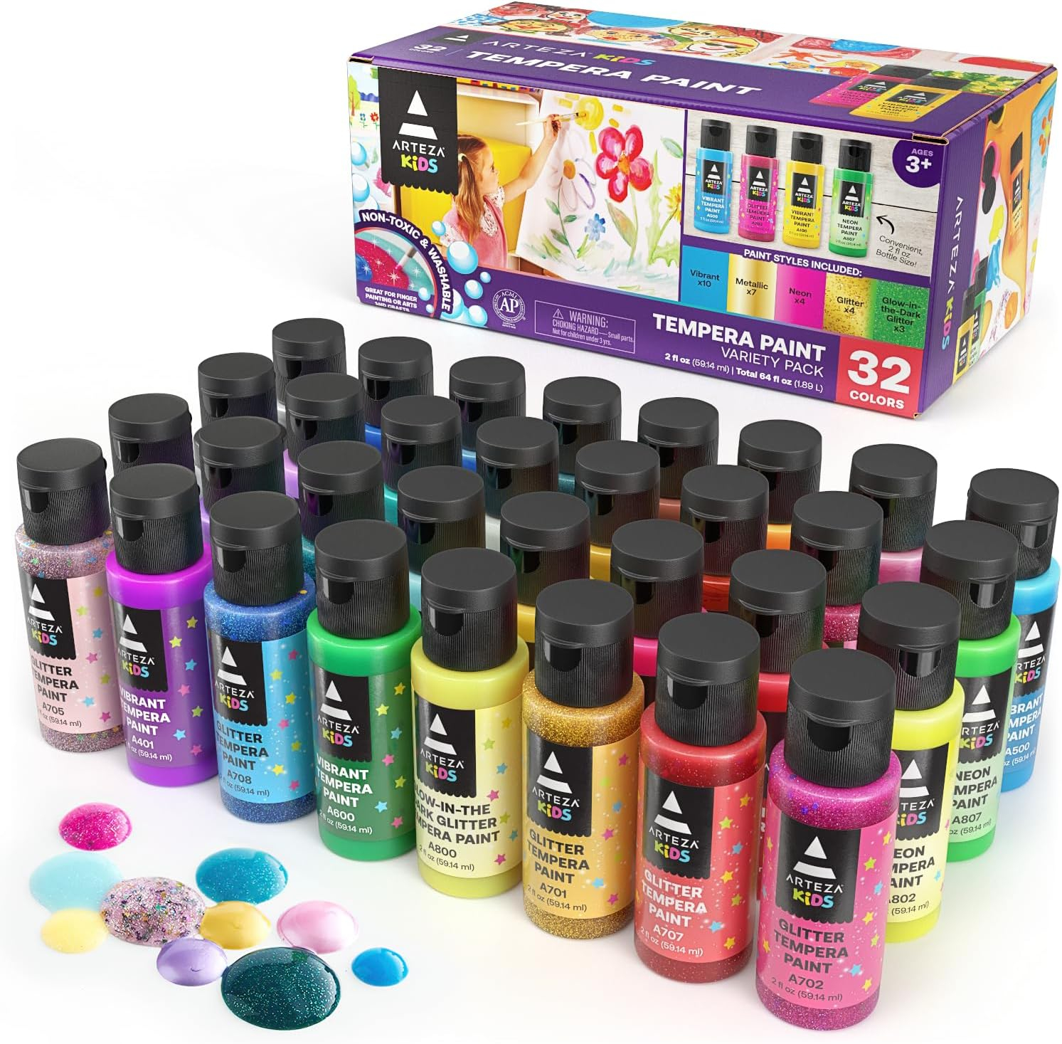 Arteza Kids Crafts Tempera Paint, Assorted Colors, 60ml Bottles, Washable - 32 Pack