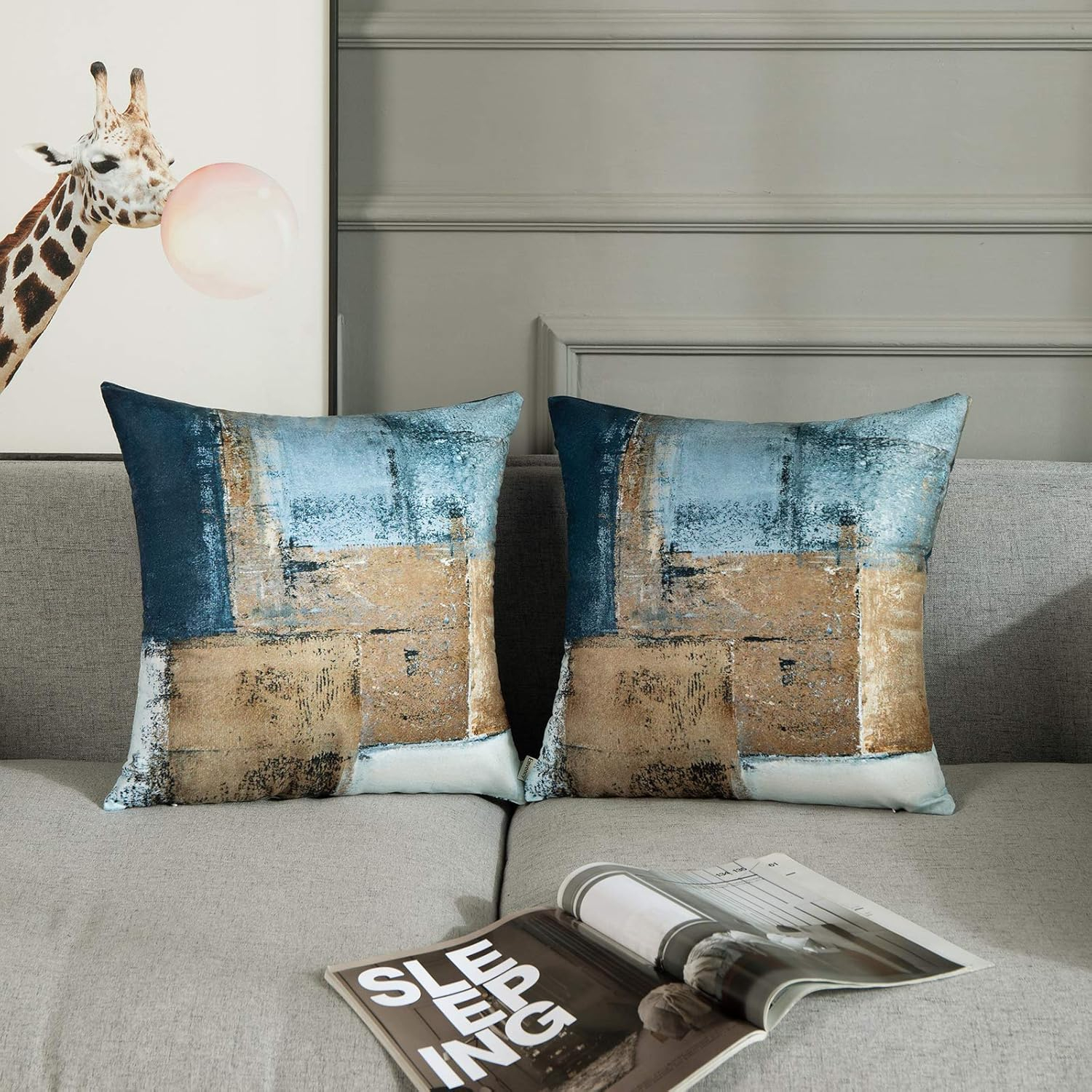 Britimes Throw Pillow Covers Modern Home Art Decor, 18 x 18 Inches Set of 2 Pillow Cases Decorative, Abstract Oil Painting Pillowcases for Bedroom, Living Room, Cushion Couch Sofa, Brown Blue