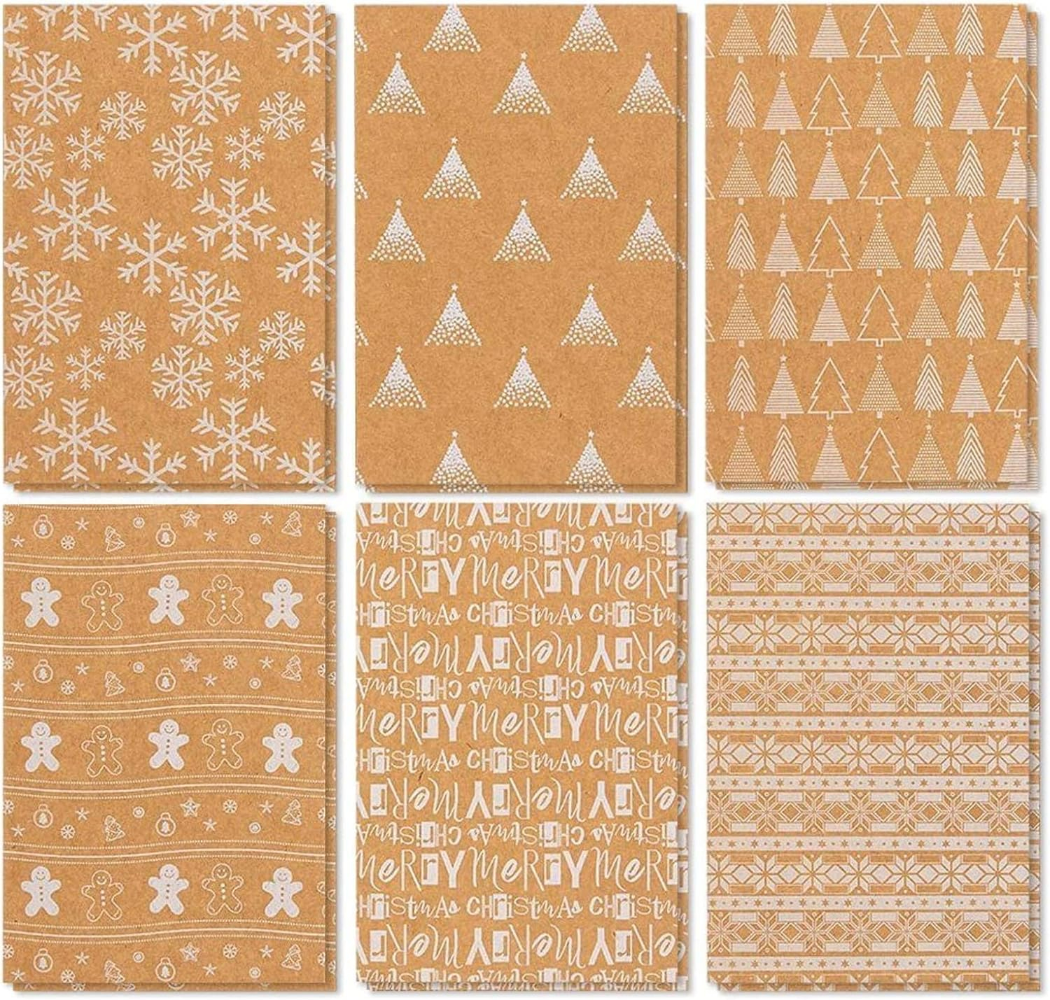 BEST PAPER GREETINGS 36 Pack Kraft Cute Christmas Greeting Cards with Envelopes, 4x6 Bulk Holiday Note Cards for Winter Holiday Xmas Season, 6 White Print Festive Designs