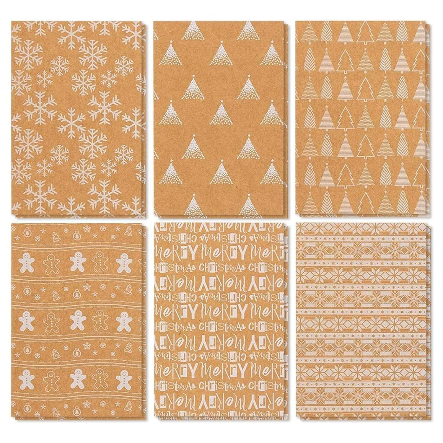 BEST PAPER GREETINGS 36 Pack Kraft Cute Christmas Greeting Cards with Envelopes, 4x6 Bulk Holiday Note Cards for Winter Holiday Xmas Season, 6 White Print Festive Designs