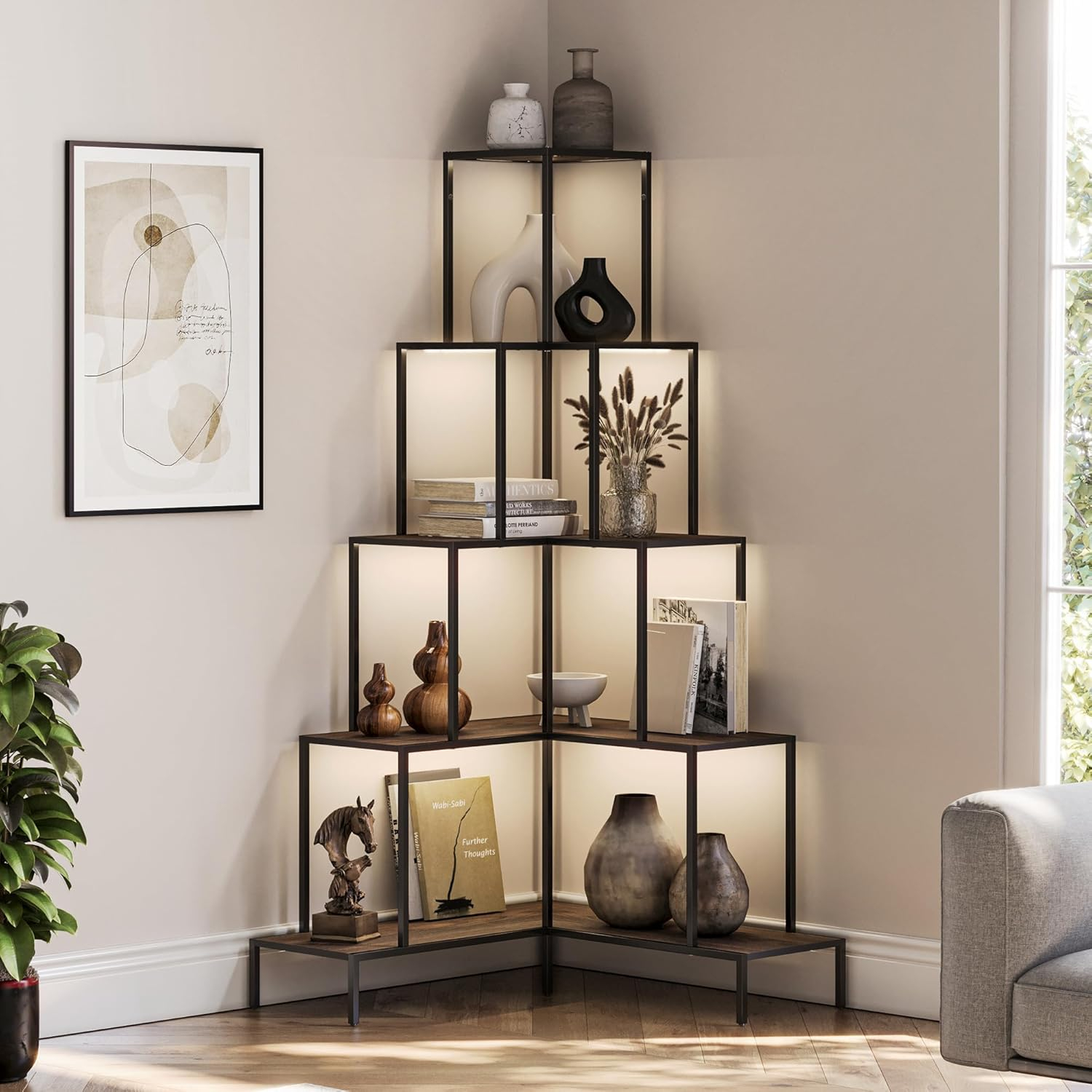 BELLEZE 5-Tier Corner Bookshelf with RGB Light