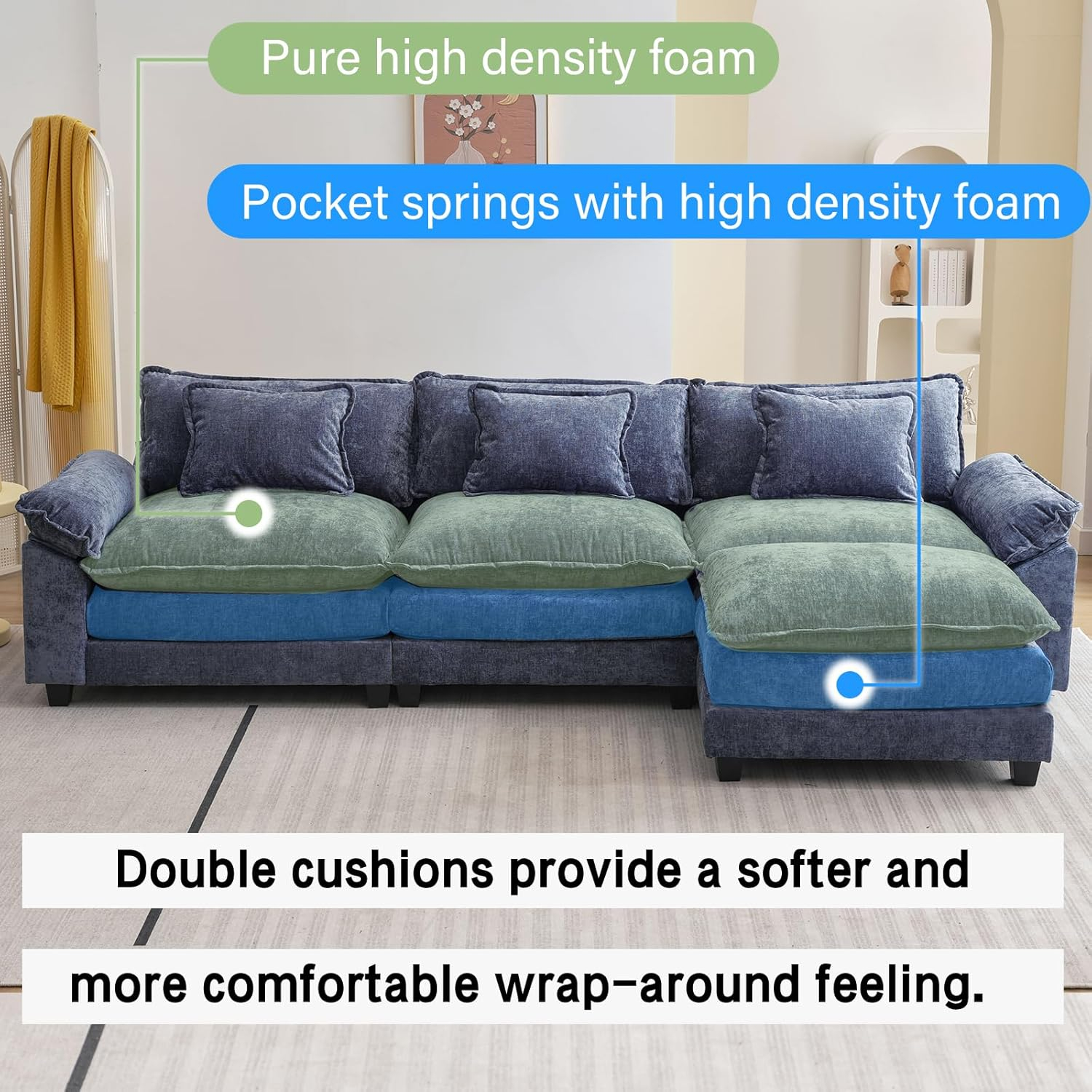 L Shape Sofa Comfy Sectional Cloud Couch for Living Room with Pillows, Modern Chenille Sofa Sleeper Deep Couches with Ottoman (Black, 4-Seat)